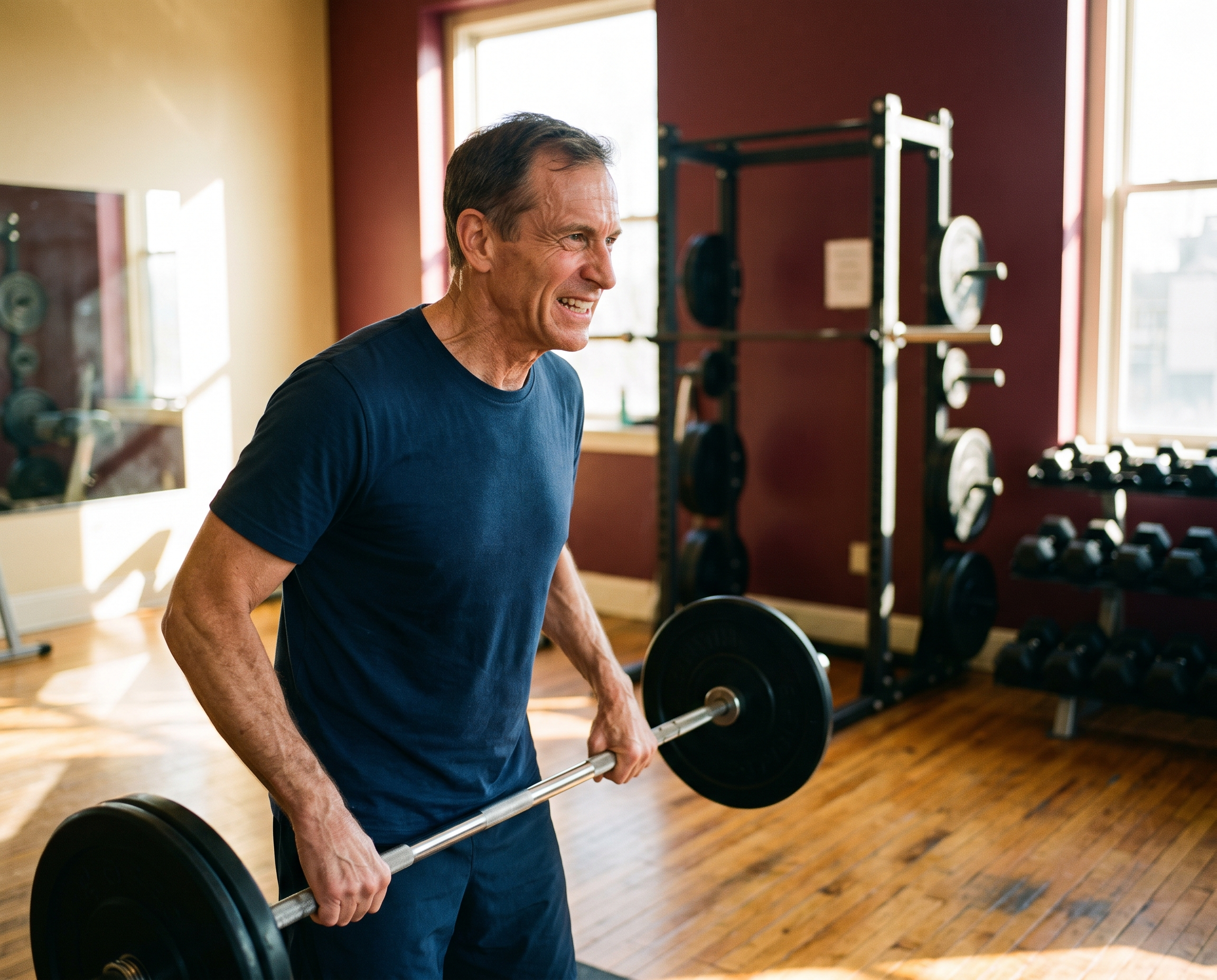 A man in his late 50s performs a barbell row in a sunlit gym with honey-oak floors and a burgundy accent wall, wearing a navy athletic shirt