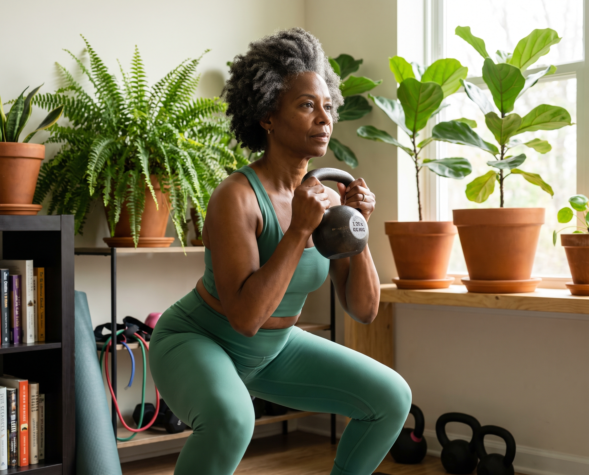 A Black woman in her mid-60s performs a goblet squat with a kettlebell in a plant-filled home gym, wearing jade-green workout clothes