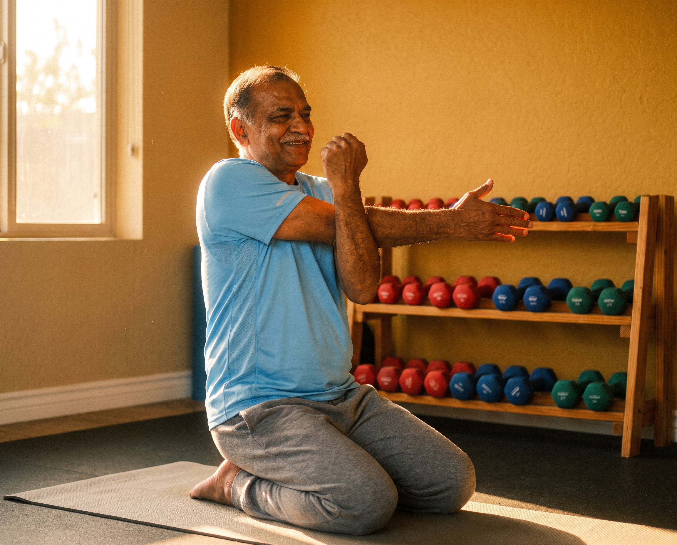 A South Asian man in his early 70s stretches after a weight session, wearing a sky-blue shirt against a mustard-yellow gym wall with colorful dumbbells