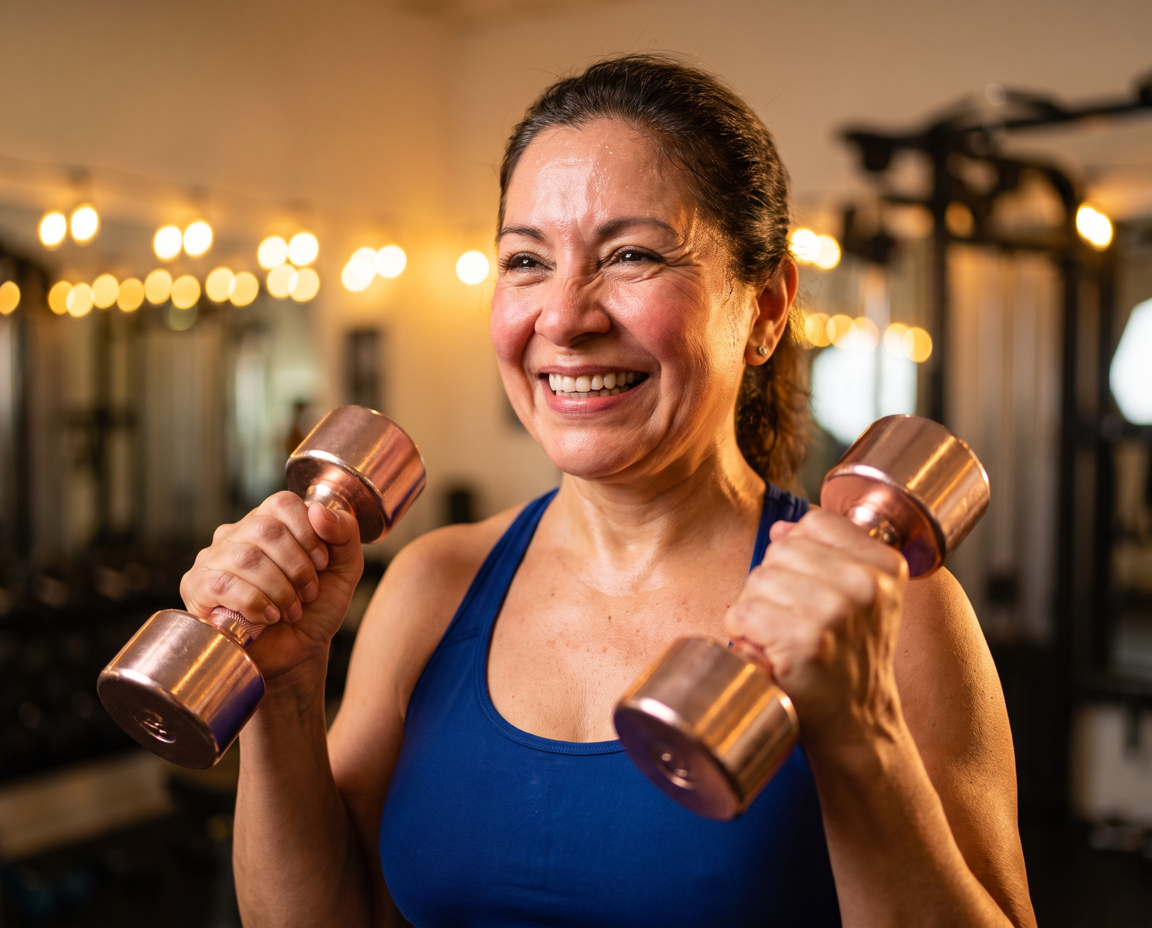 Close-up portrait of a Latina woman in her early 60s smiling after a workout, holding rose-gold dumbbells and wearing a sapphire sports bra