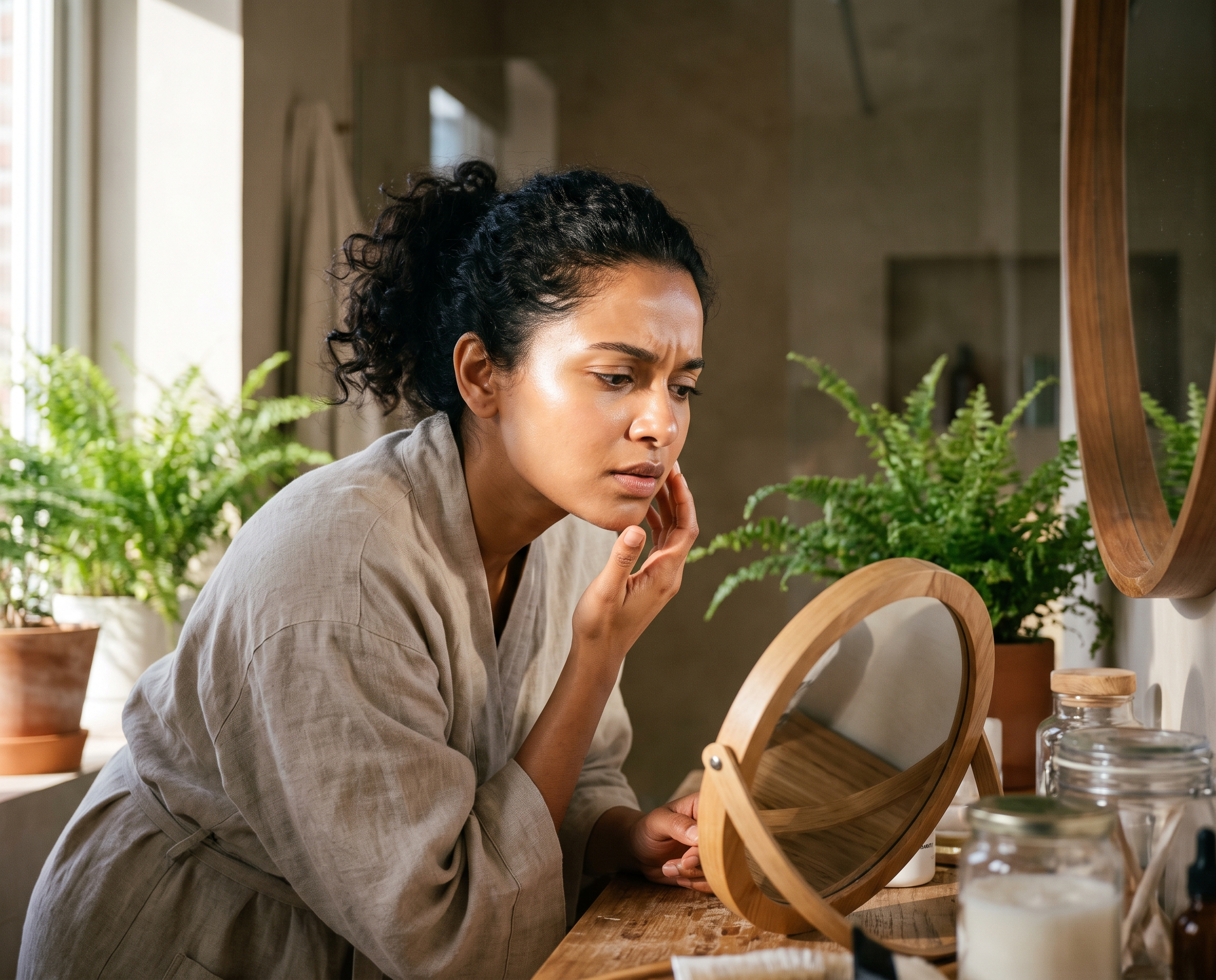 South Asian woman in her early 30s examining her bare skin in a round mirror at a sunlit vanity