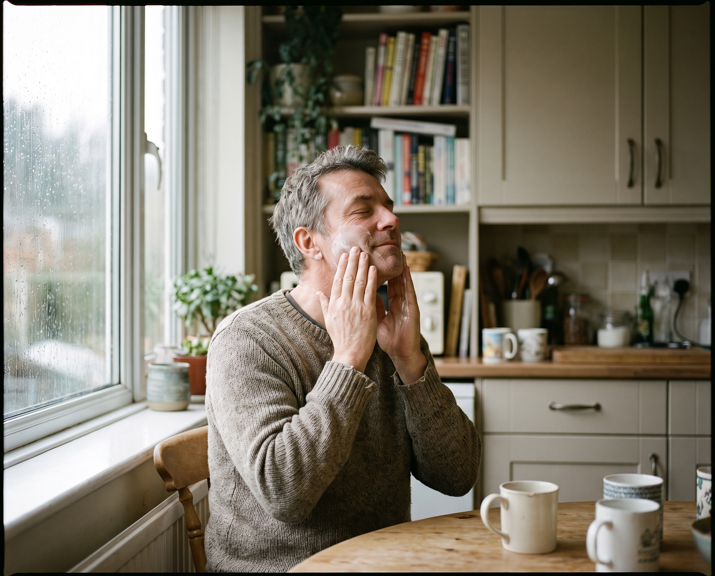 Caucasian man in his mid-50s applying moisturizer at a kitchen table near a large window in soft morning light