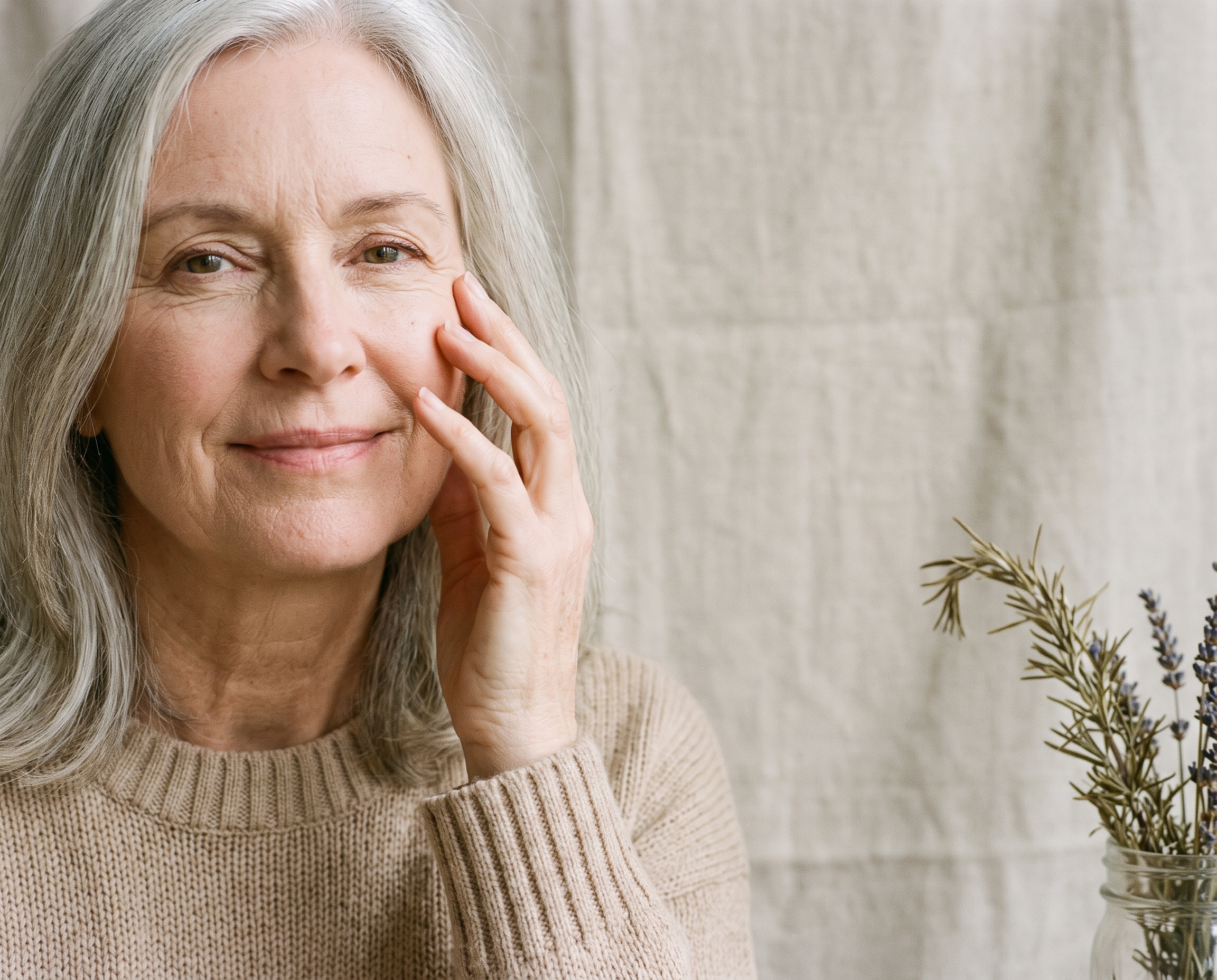 Caucasian woman in her early 60s with silver hair gently patting under her eye, calm expression, fine lines visible