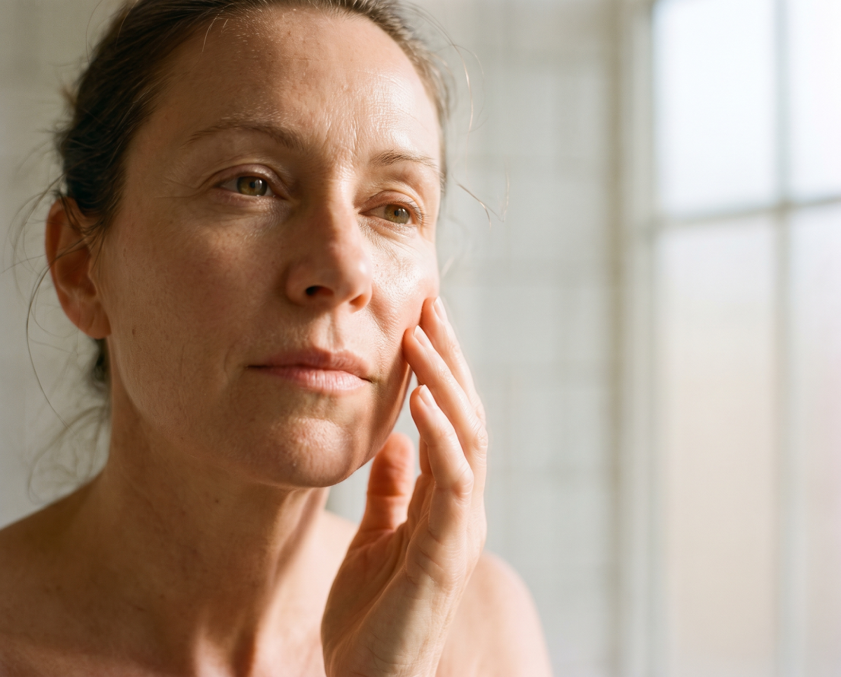Woman touching cheek in soft natural sunlight