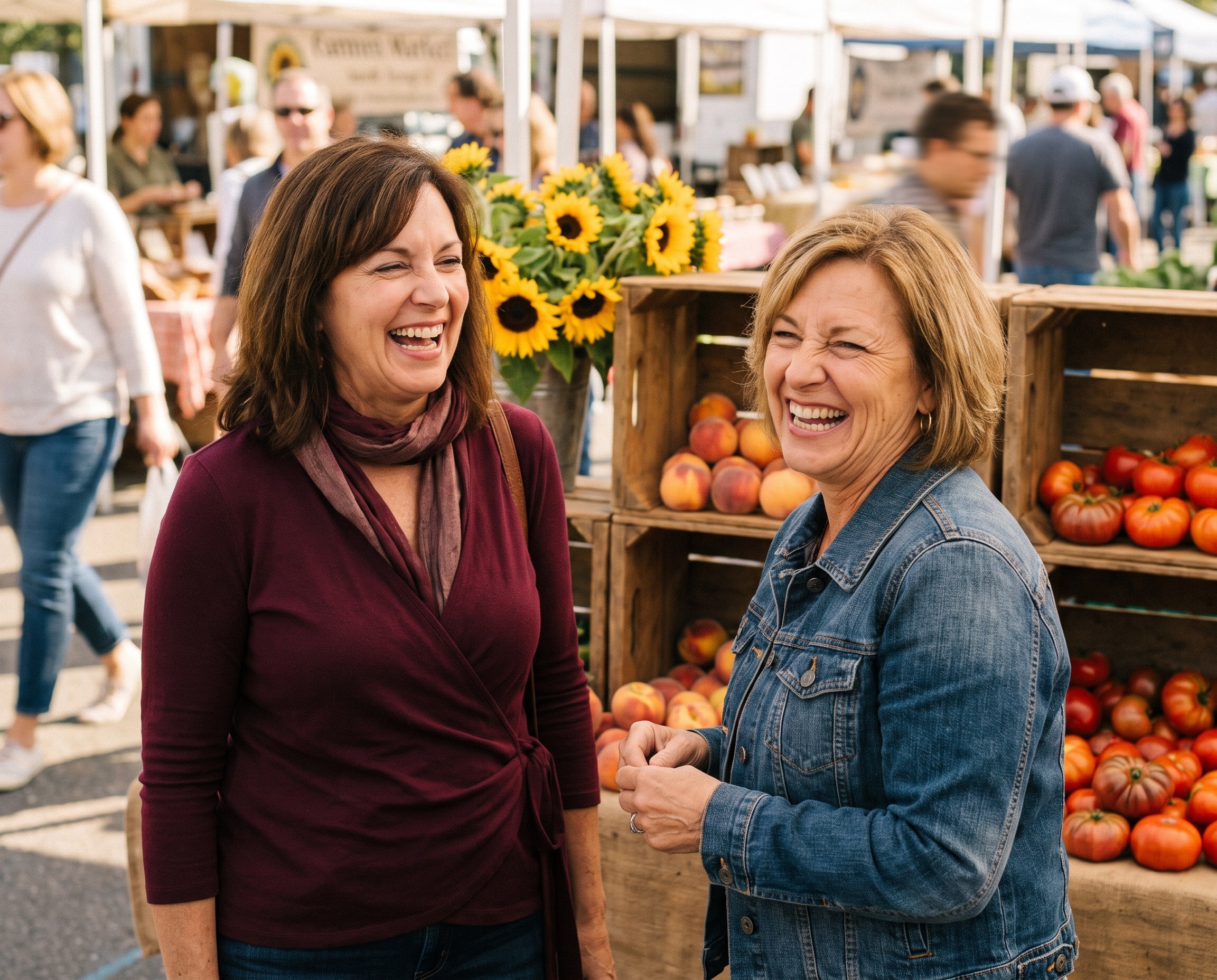 Caucasian woman in her mid-50s laughing with a friend at a colorful outdoor farmers market, wearing a rich burgundy top