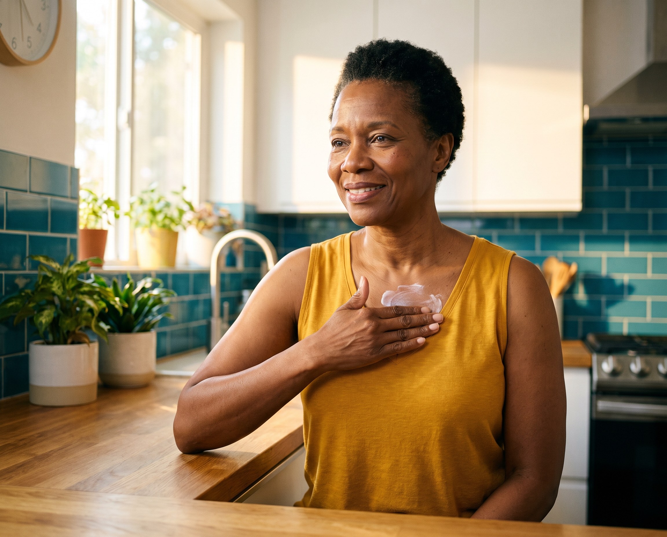 Black woman in her early 60s applying sunscreen to her chest in a bright kitchen with teal tile backsplash, wearing a mustard yellow blouse