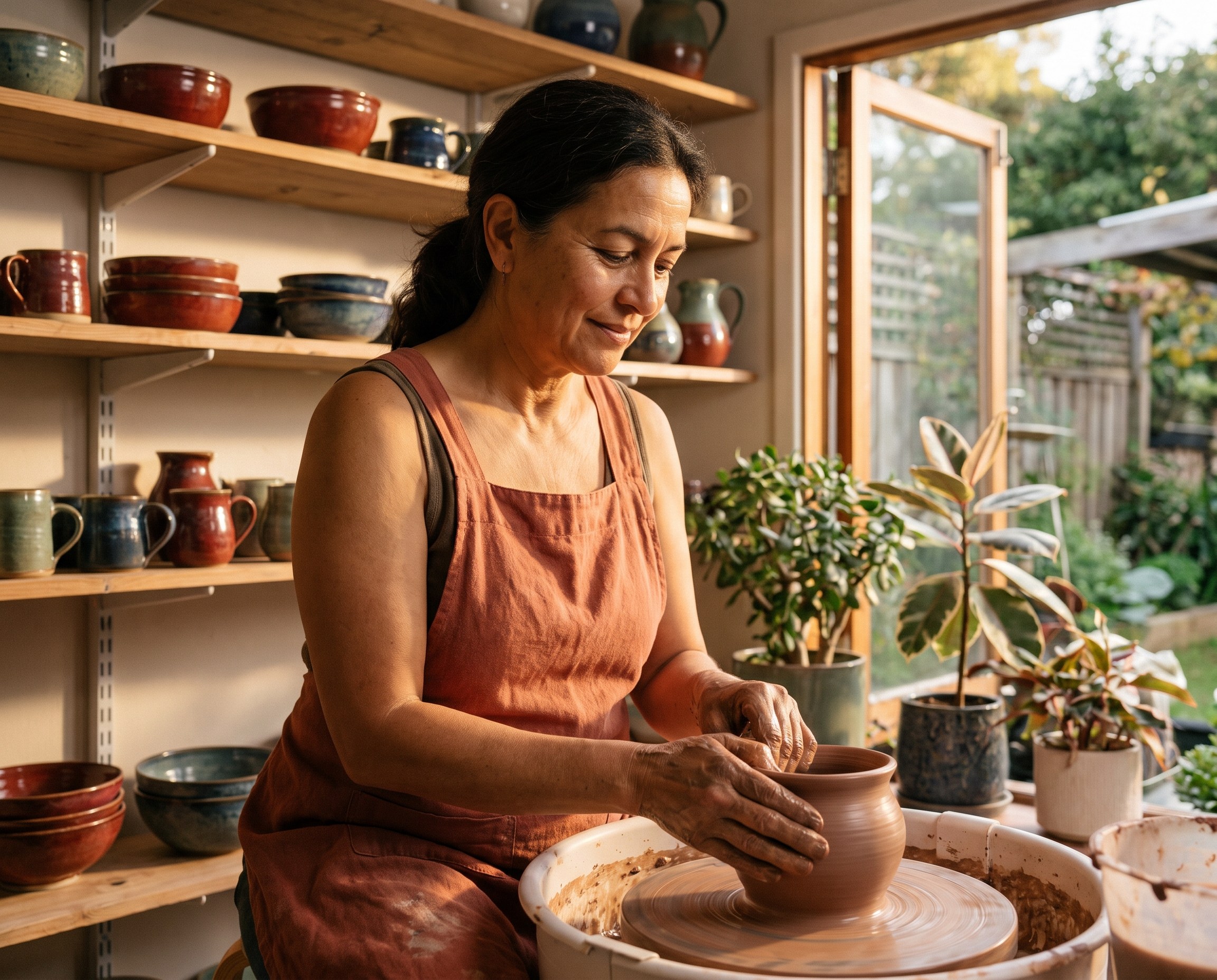 Olive-skinned woman in her mid-50s at a pottery class shaping clay, wearing a terracotta linen apron, colorful ceramics on shelves behind her