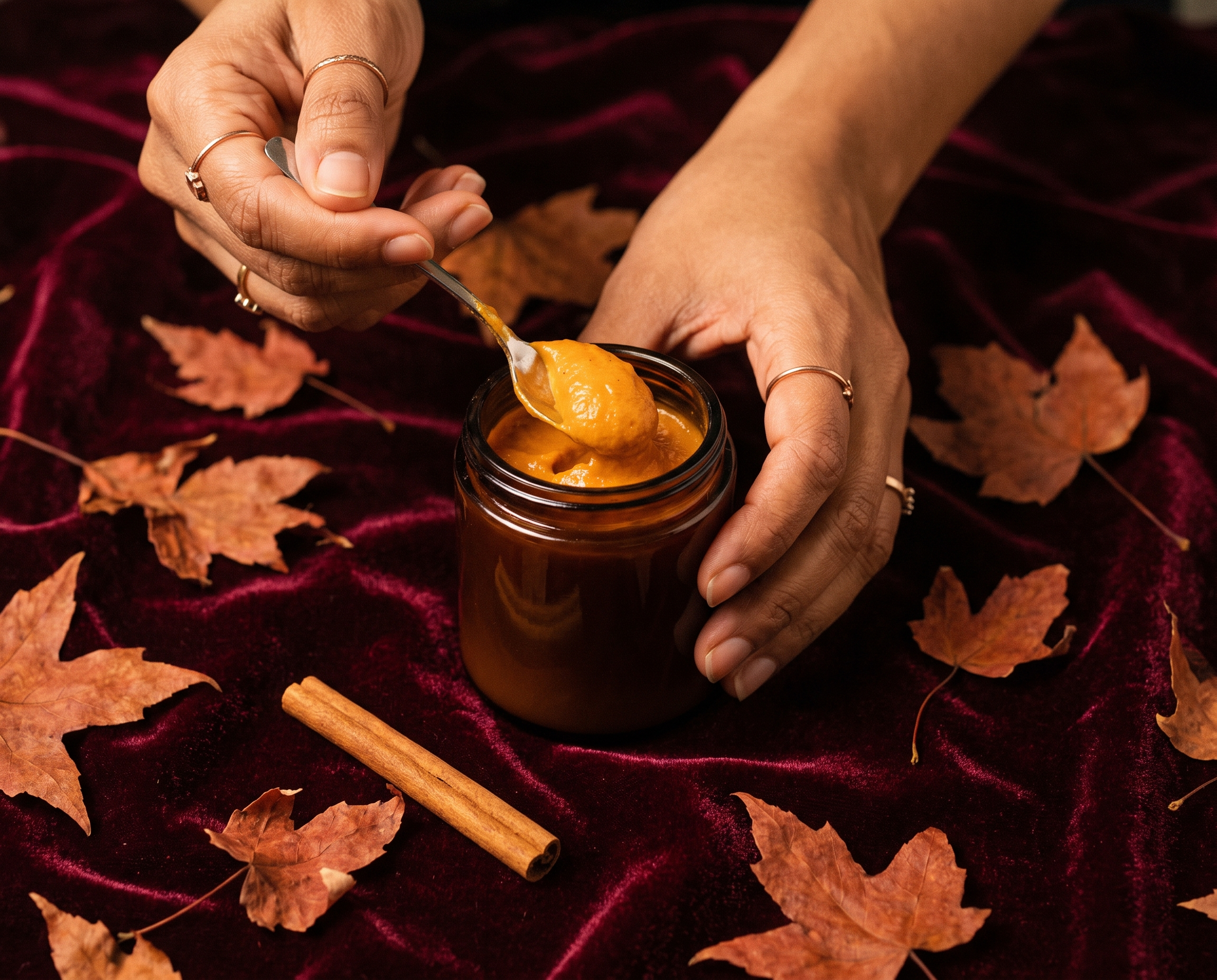 Close-up of hands scooping orange pumpkin mask cream from an amber glass jar against burgundy velvet fabric with autumn leaves