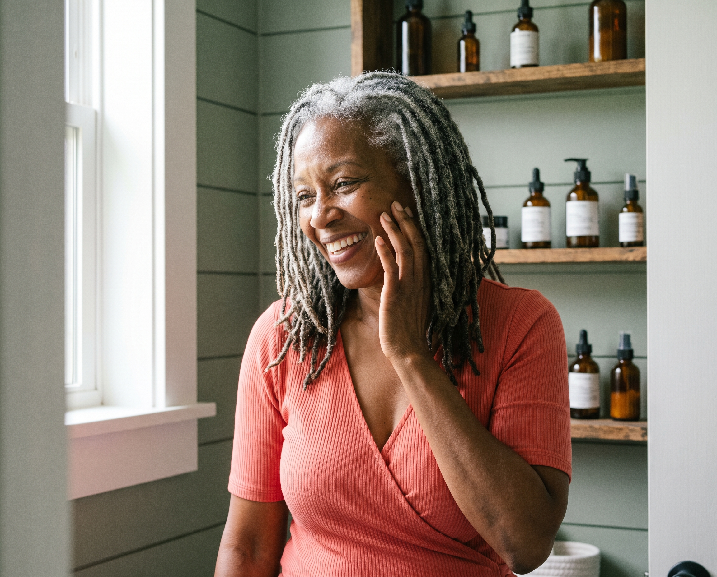 A Black woman in her 60s with silver locs laughing as she touches her cheek in a sage-green bathroom wearing a coral top