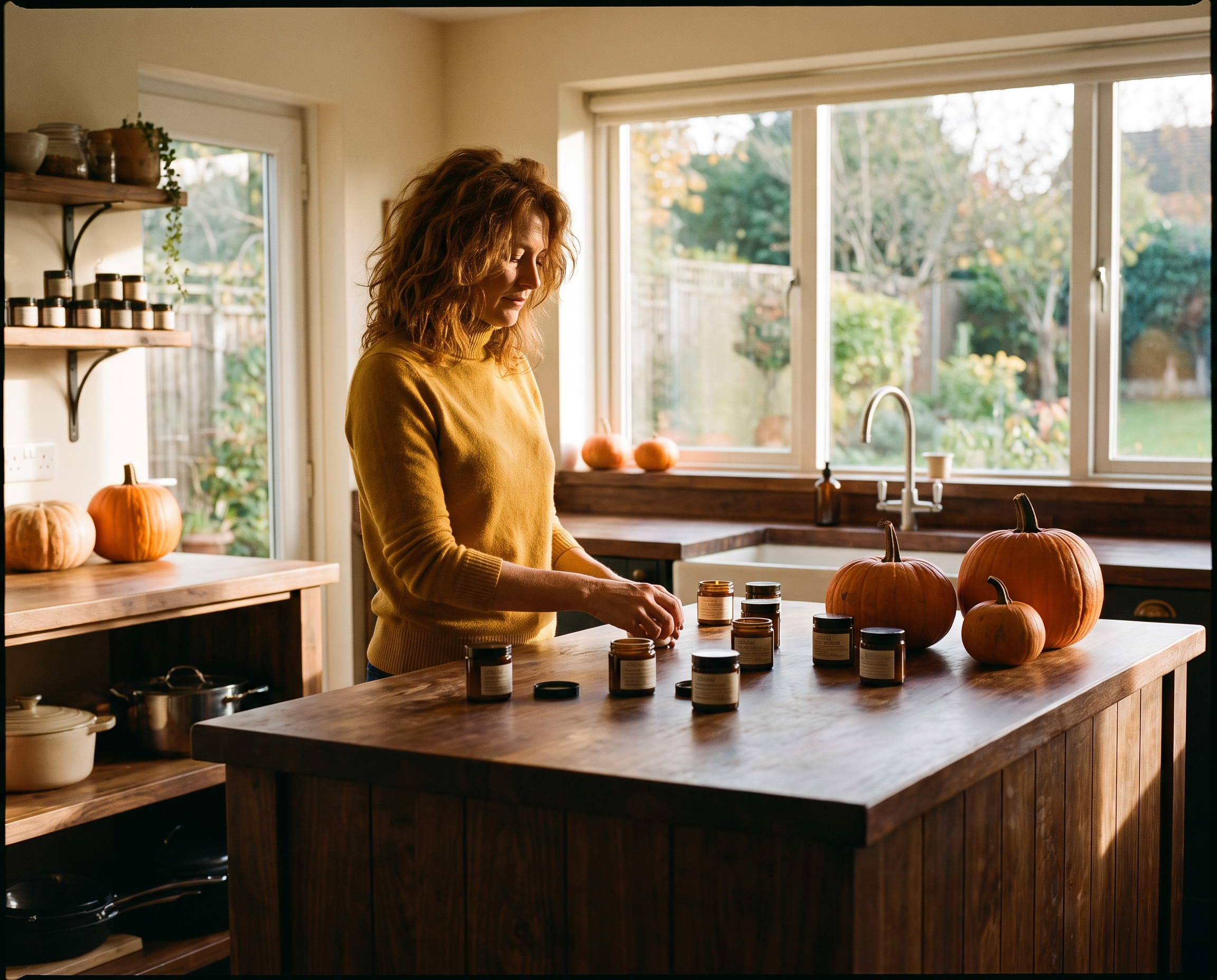 A woman in her mid-40s with auburn hair standing at a walnut counter with whole pumpkins and skincare jars in a mustard-yellow turtleneck