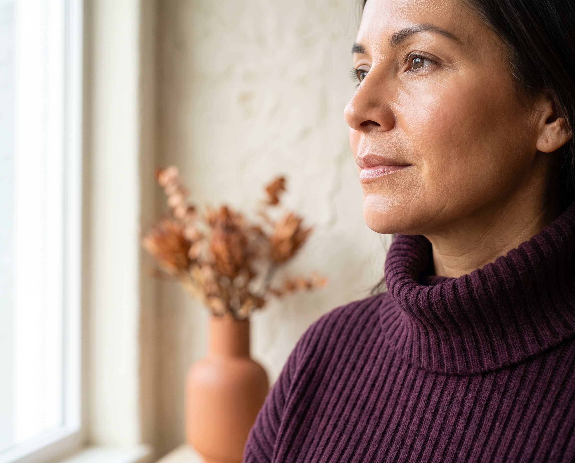Close-up portrait of a Latina woman in her late 40s with glowing skin wearing a deep plum turtleneck, naturally lit from a window
