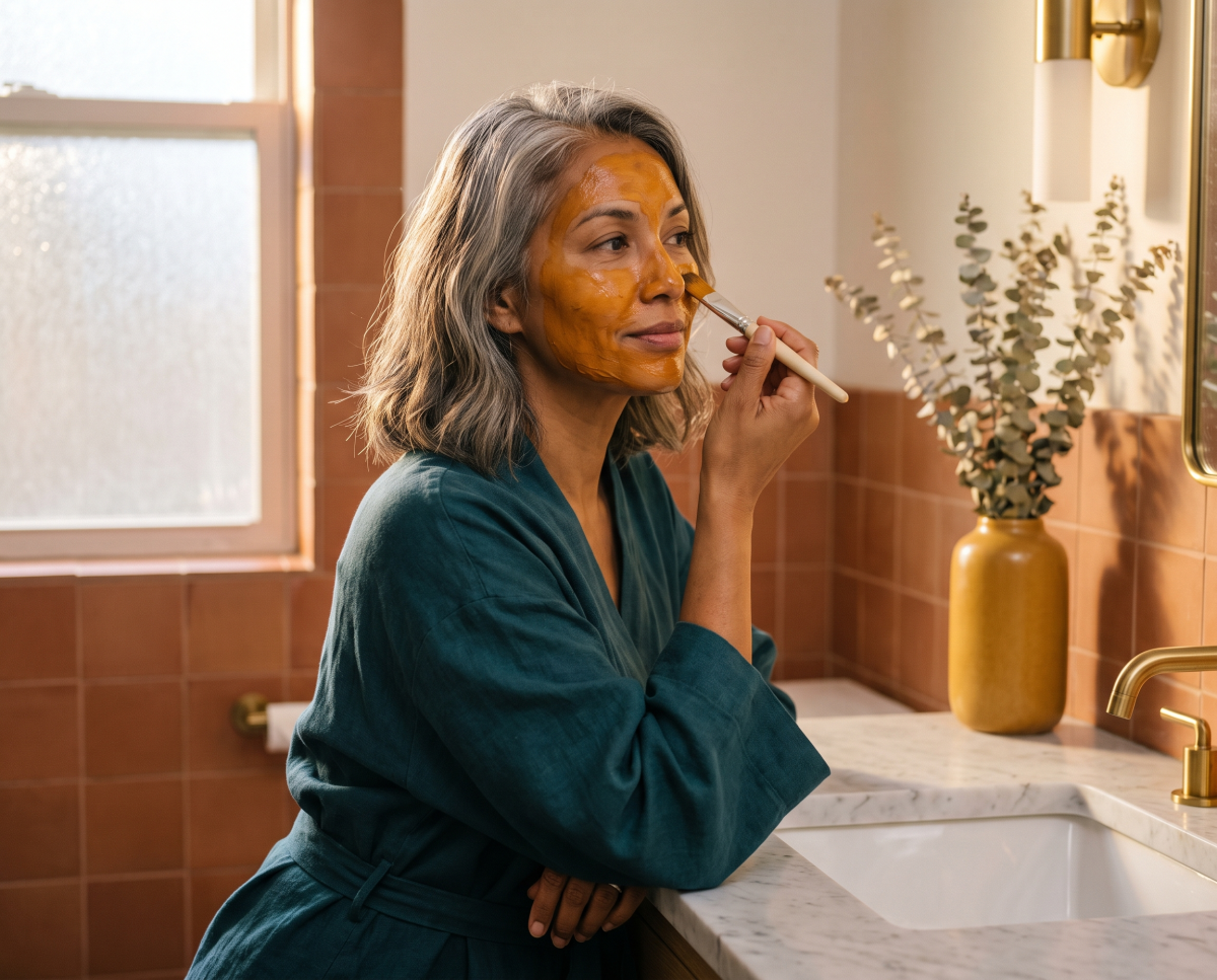 Woman applying golden facial mask with brush in bathroom