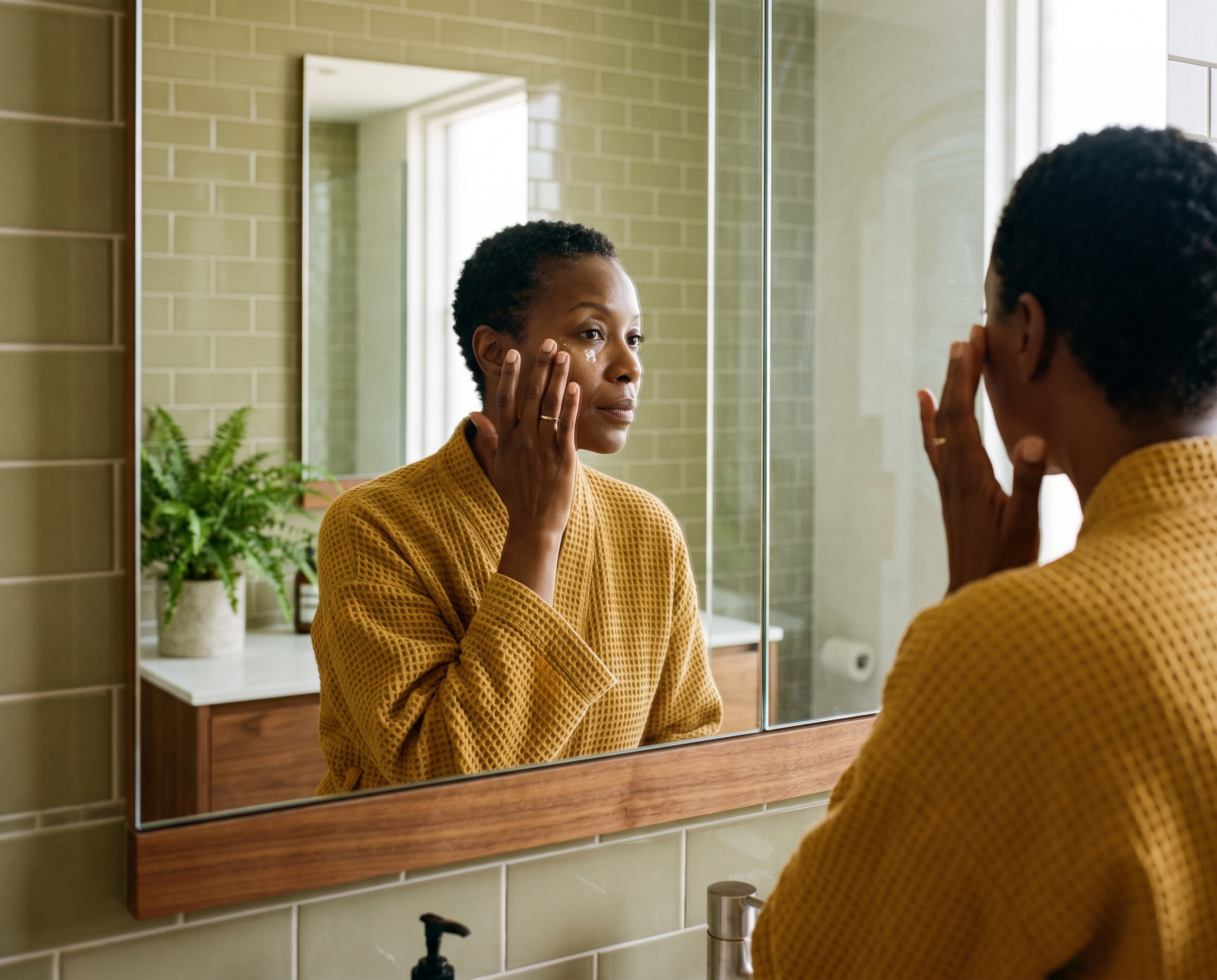 A woman in a mustard yellow robe applies eye serum at a sage-green tiled bathroom vanity in natural morning light