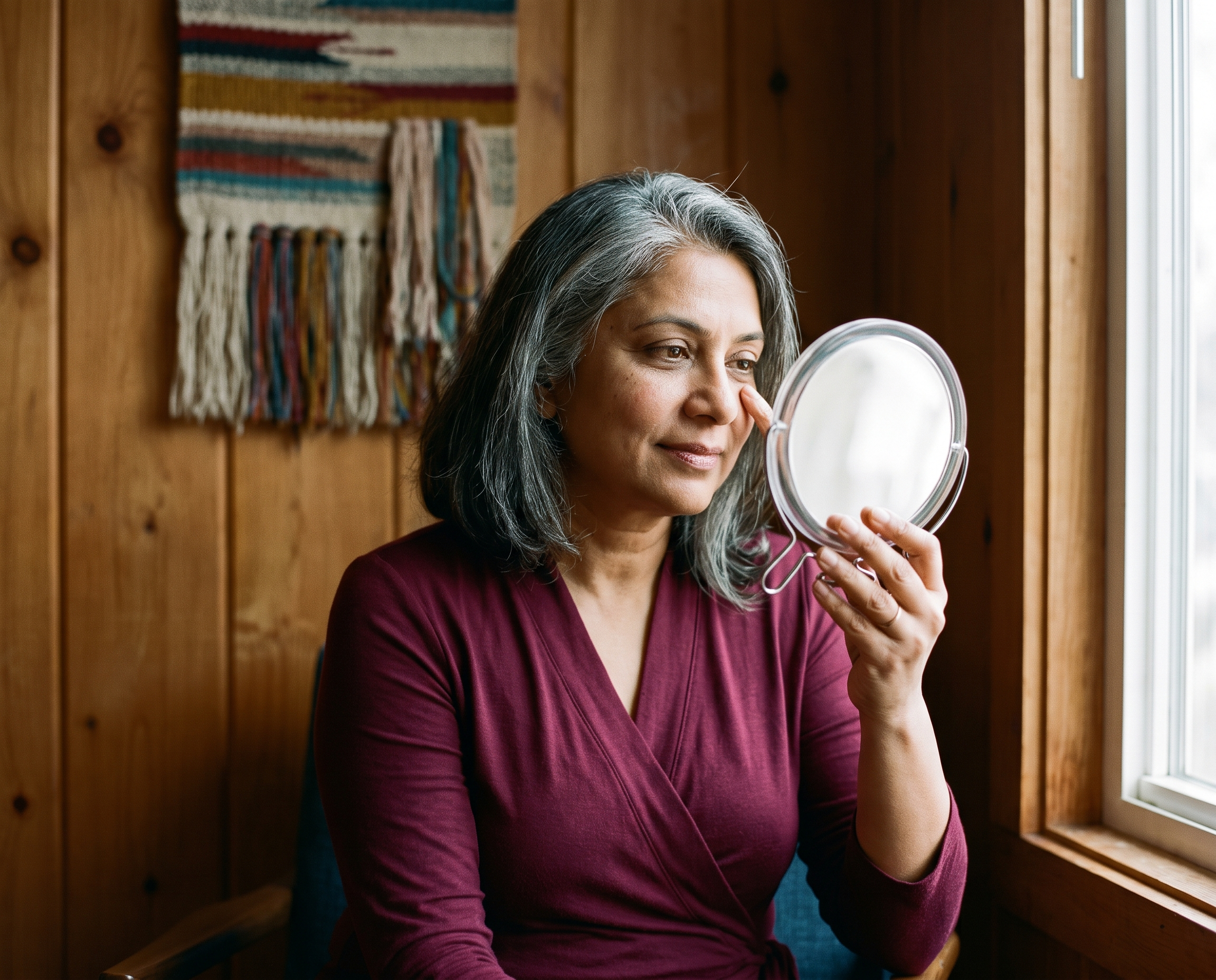 A South Asian woman in her 60s wearing a burgundy top examines her eye area in a small mirror against a warm wood-paneled wall