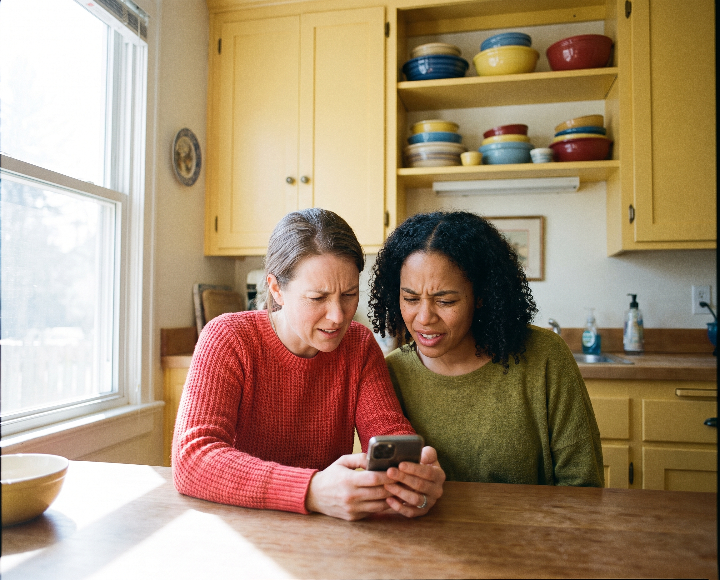 Two women in their 40s and 50s lean toward a phone screen together in a bright yellow kitchen, looking curious and engaged