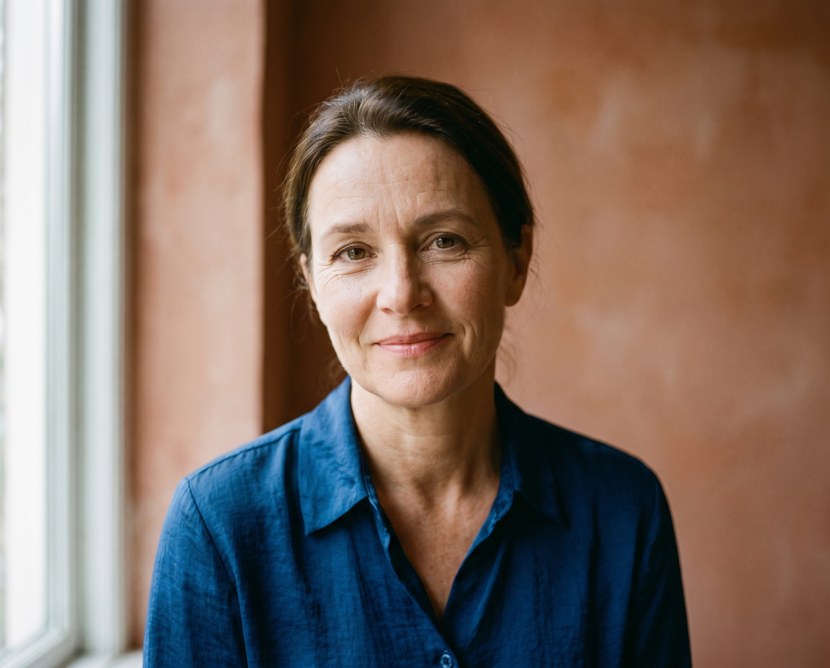 Smiling woman in blue shirt beside sunlit window