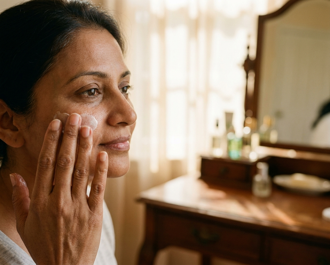 Close-up of a South Asian woman in her mid-40s gently applying moisturizer to her cheek, warm afternoon light in the background