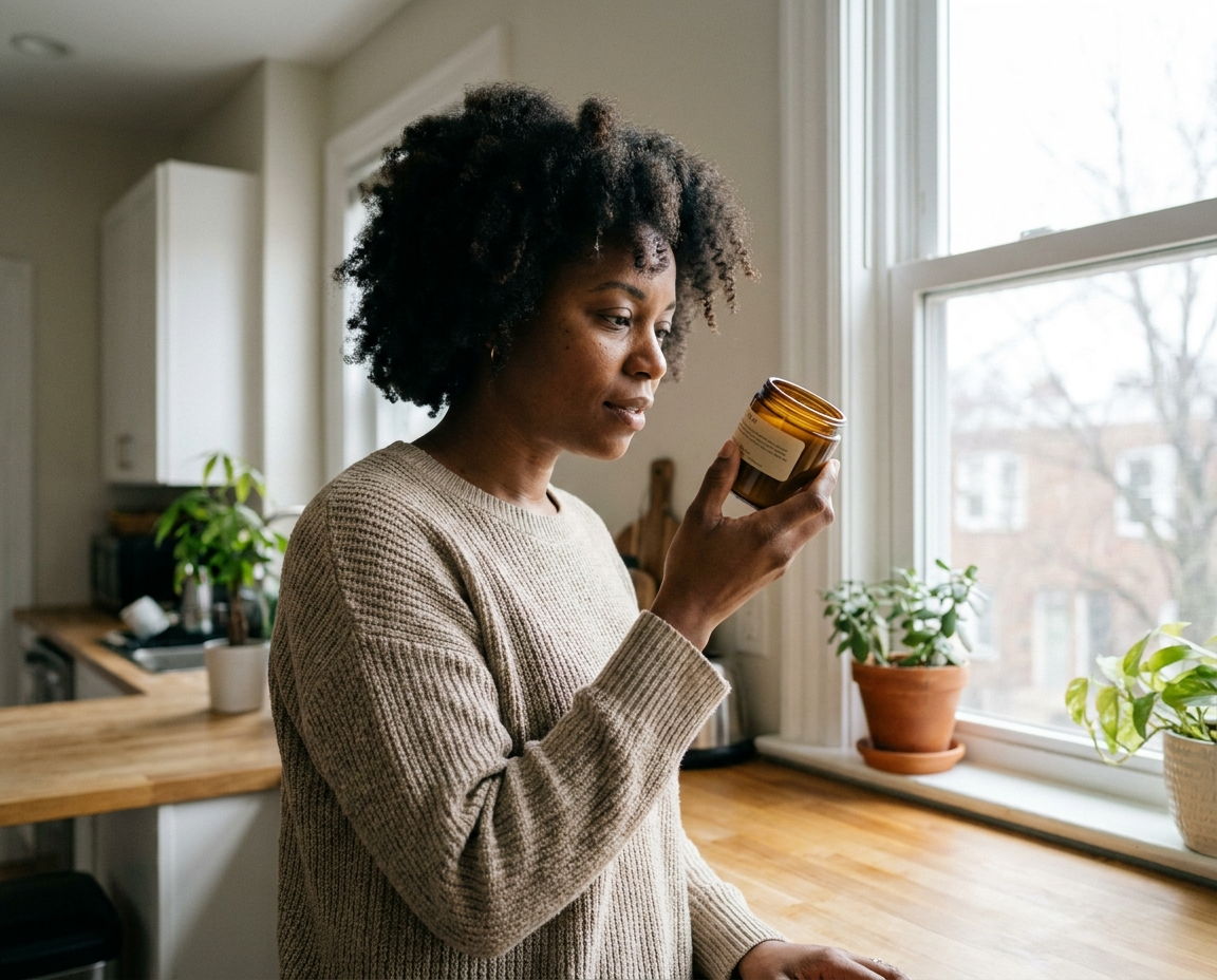 A Black woman in her late 30s reading the label on a small glass skincare jar by a bright kitchen window