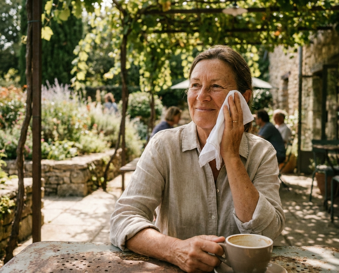 A woman in her mid-60s with naturally lined skin seated at a cafe table in dappled outdoor shade, expression relaxed and confident