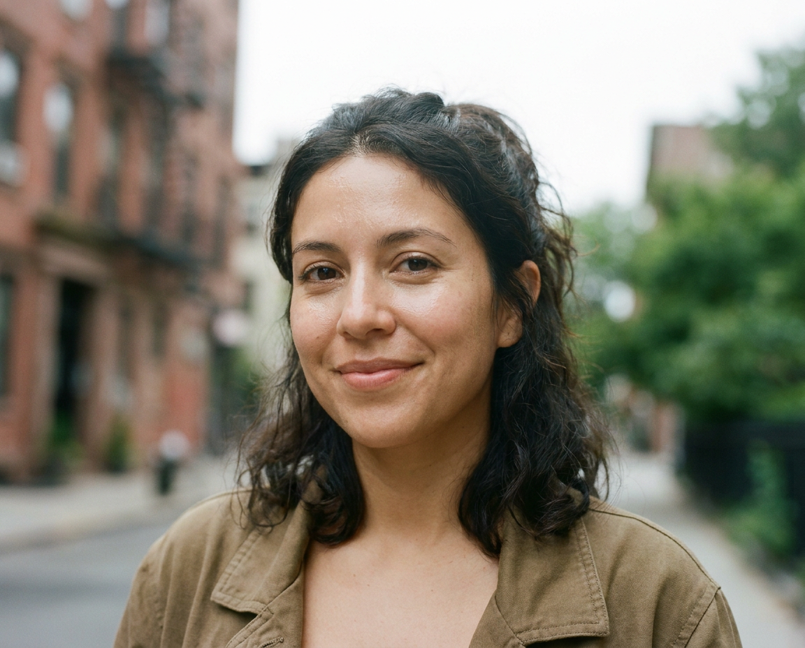 A Latina woman in her early 30s with glowing healthy skin looking directly into camera outdoors in soft overcast light