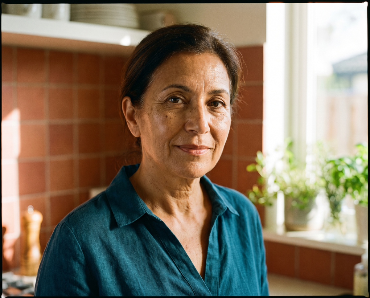 Smiling woman in teal shirt standing in sunlit kitchen