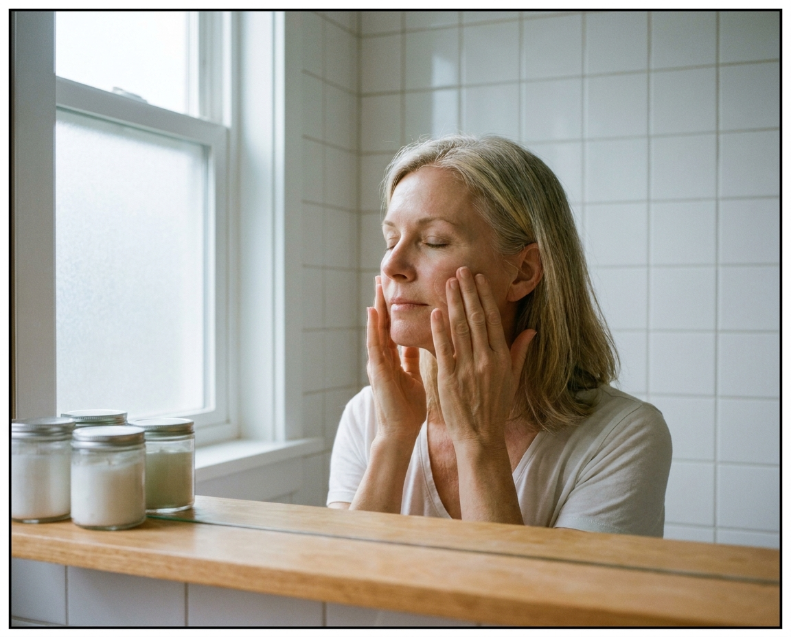 Woman in her early 50s applying moisturizer at a bathroom vanity in soft morning light