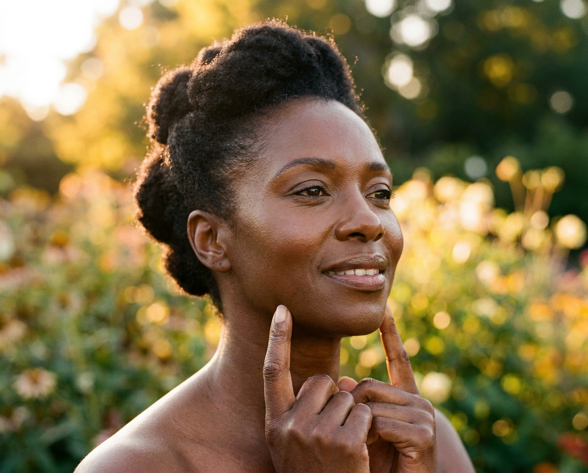 Black woman in her late 40s with vibrant skin gently touching her jawline outdoors in golden-hour light