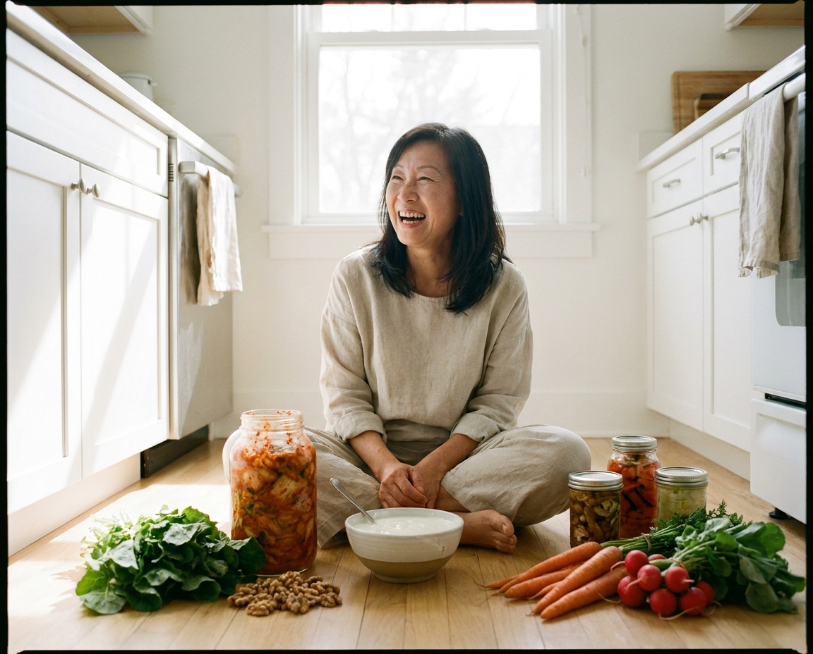 Asian woman in her early 60s seated in a bright kitchen surrounded by fermented foods and fresh vegetables