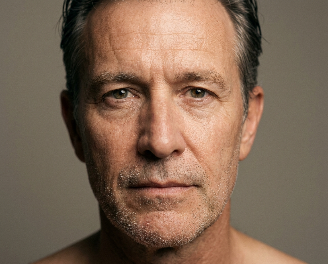 Close-up portrait of a man in his late 50s with naturally textured skin, silver stubble, and character lines in soft studio light