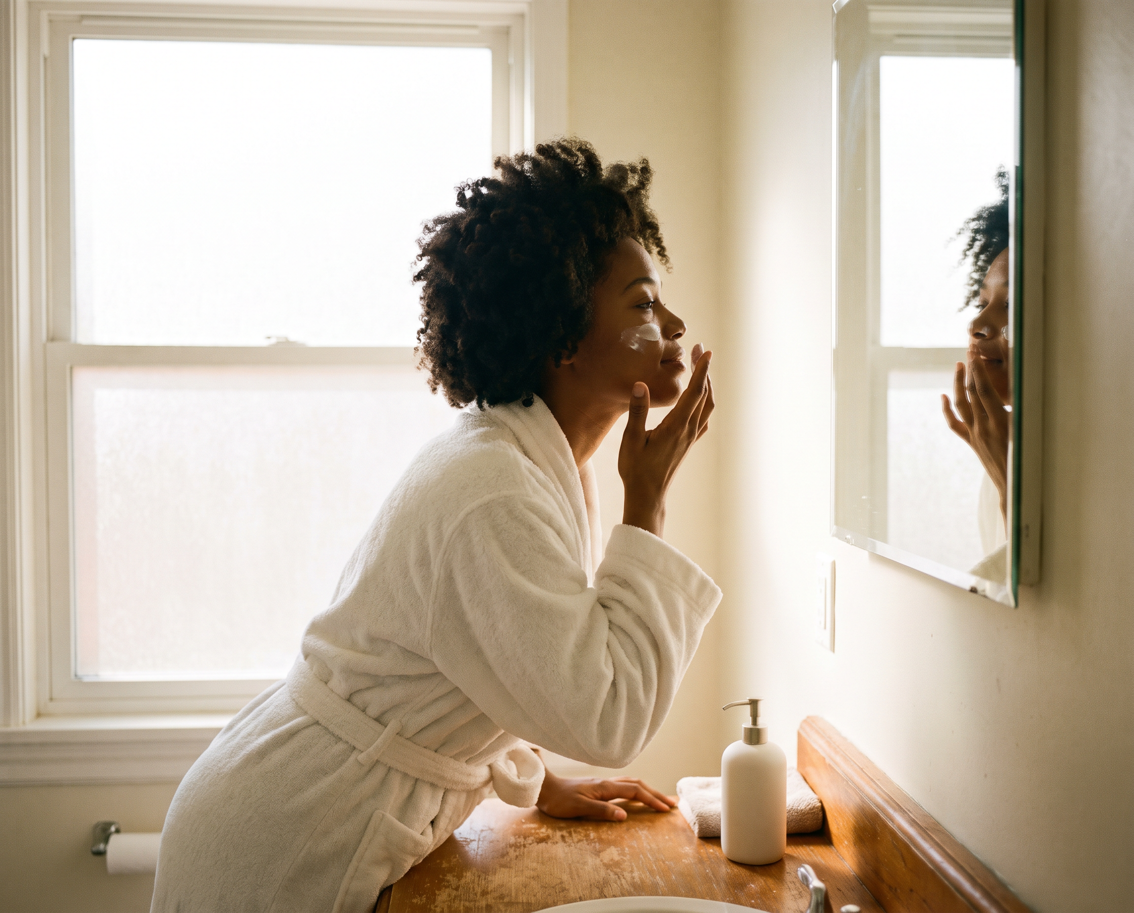 A Black woman in her late 40s looking into a bathroom mirror while applying SPF with her fingertips, relaxed and unhurried