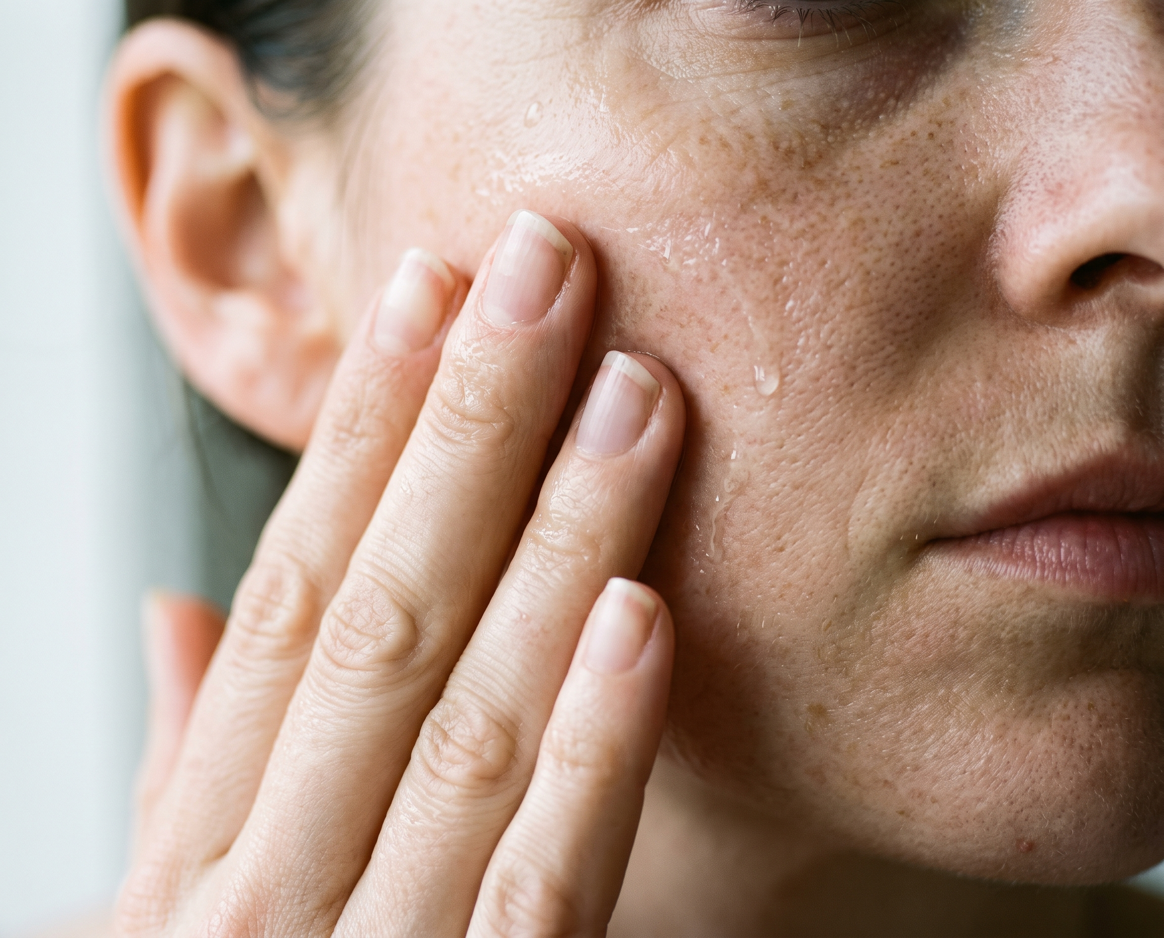 Close-up of a woman's hands gently pressing serum into clean damp skin, natural skin texture visible
