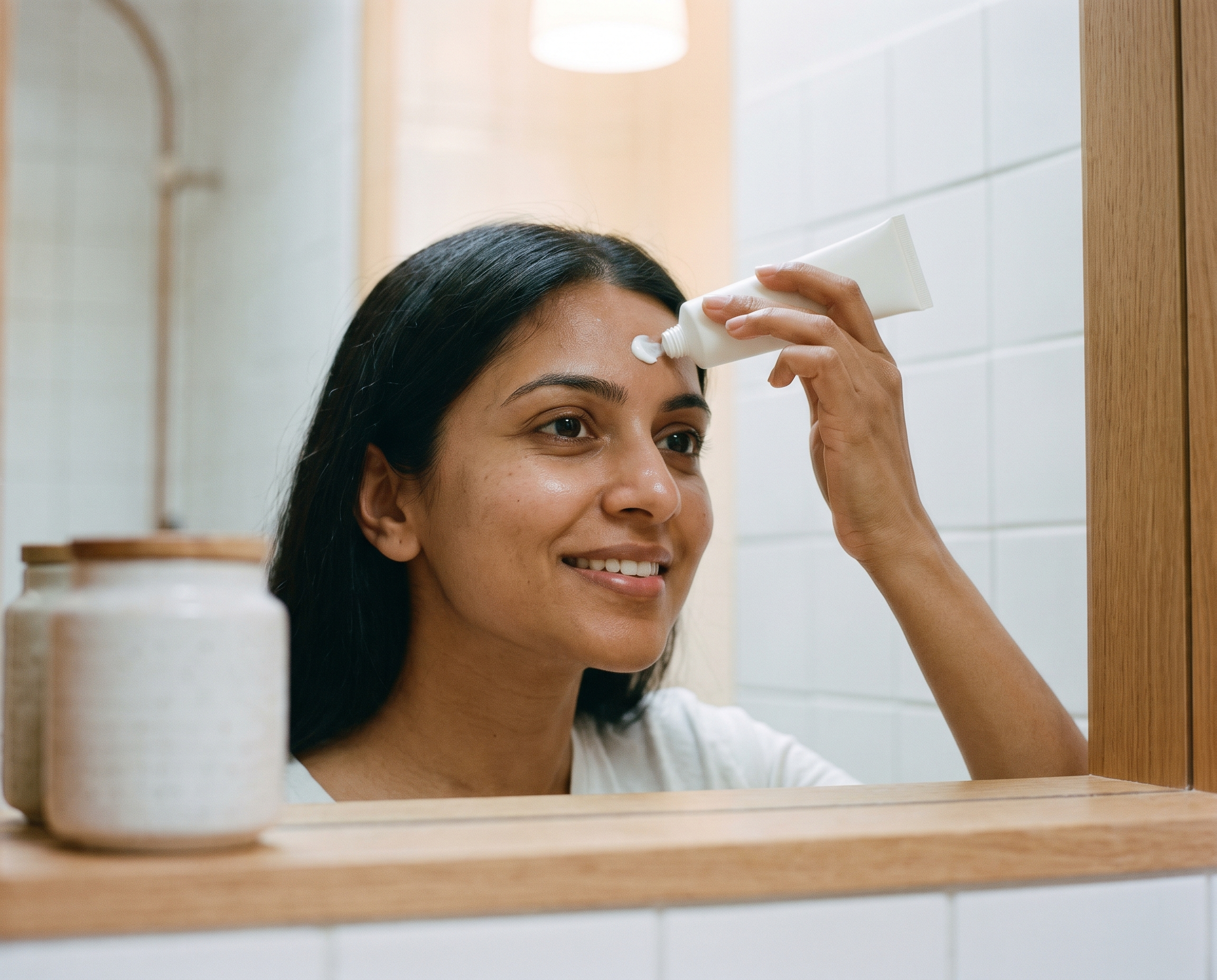 Close-up portrait of a South Asian woman in her mid-30s applying sunscreen to her forehead with two fingertips