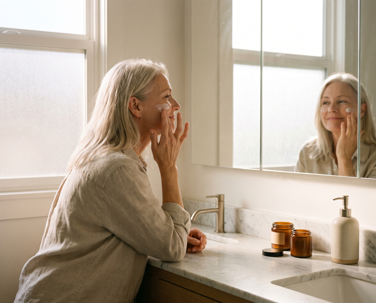 Woman applying facial cream while looking in bathroom mirror