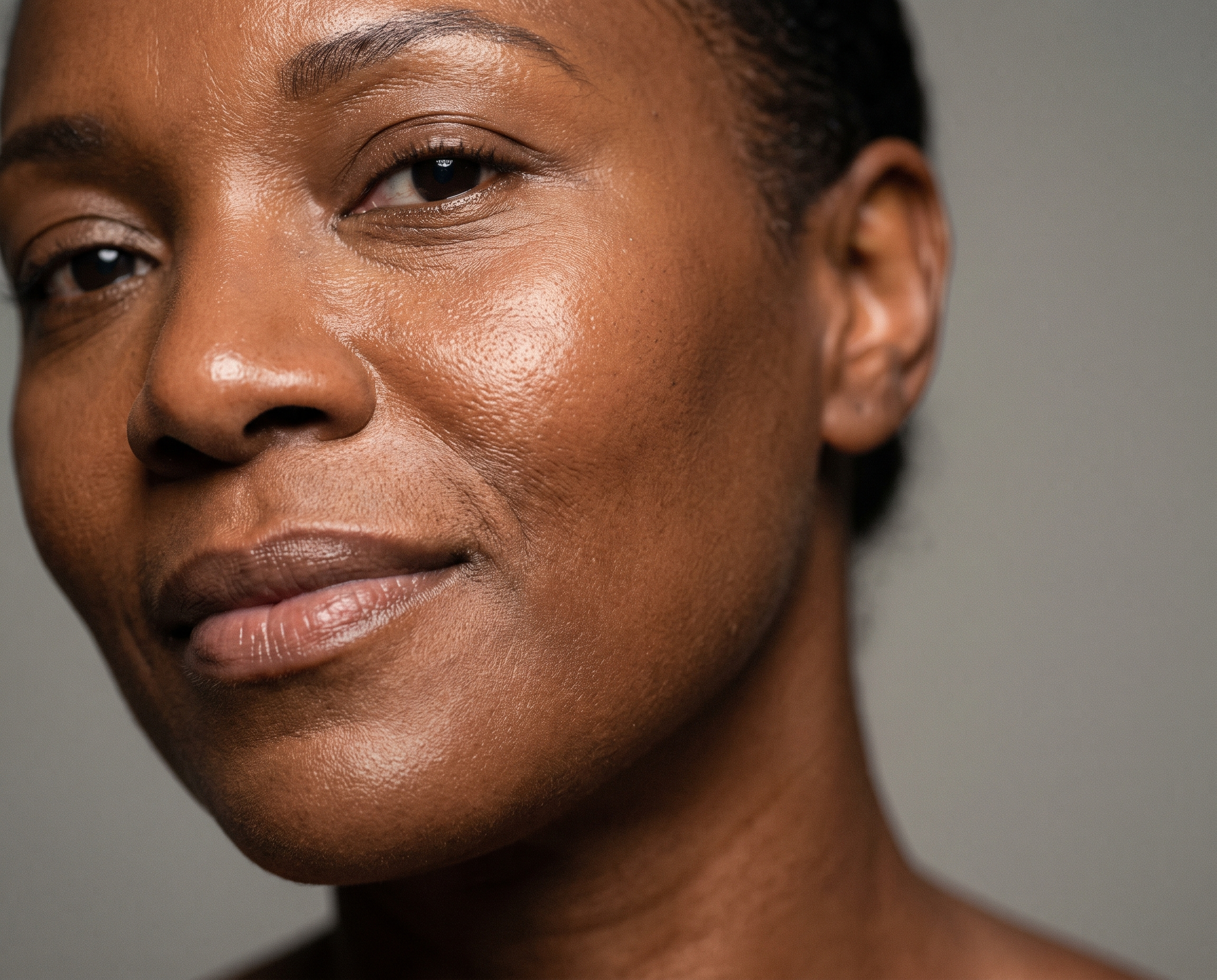 Close-up portrait of a Black woman in her late 40s with luminous, healthy skin against a neutral background
