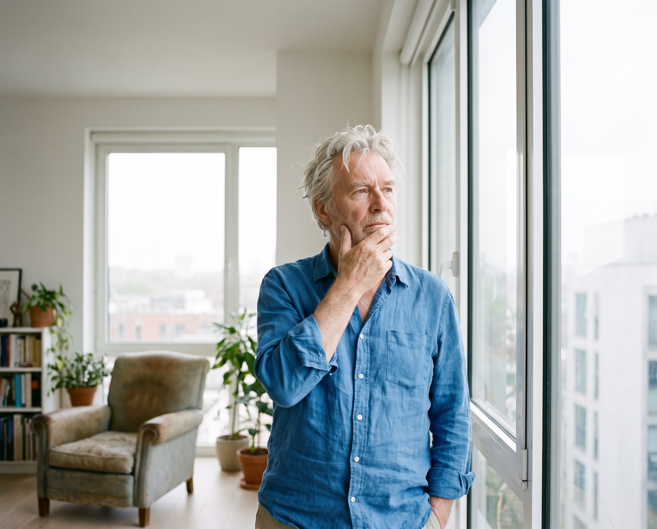 A silver-haired man in his 60s standing near a window in soft daylight, gently touching his jaw
