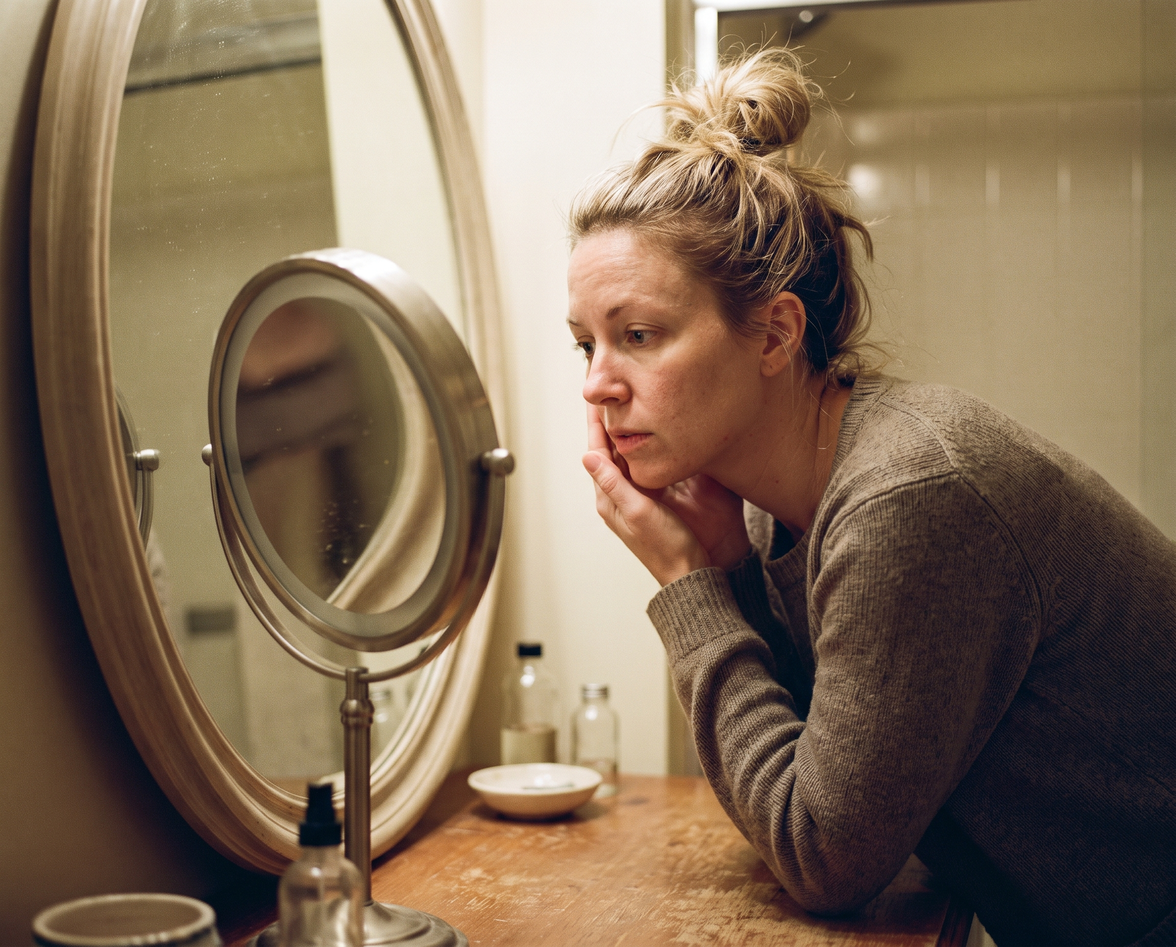 A woman in her mid-30s examining her skin closely in a large round mirror with a curious expression
