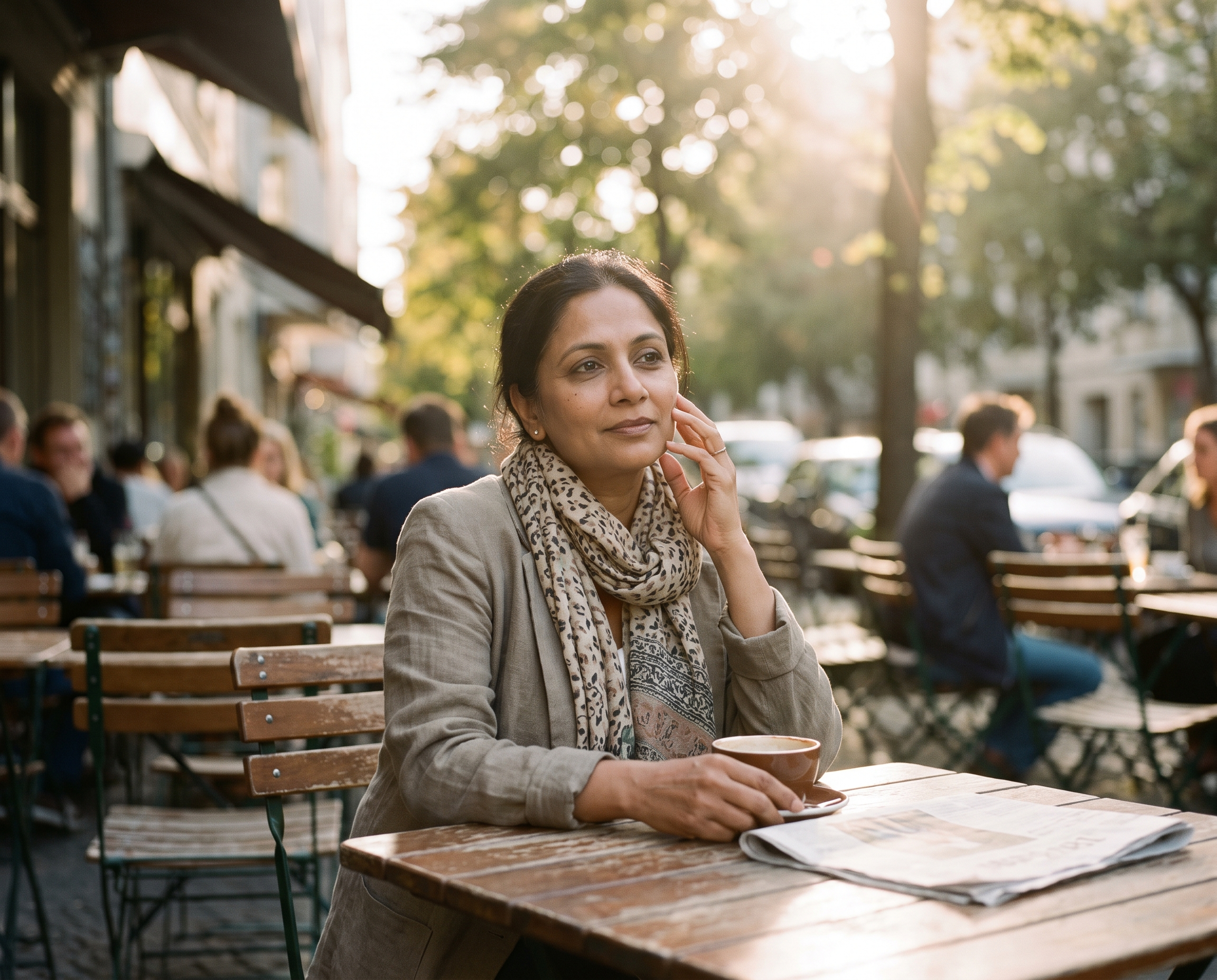 A South Asian woman in her mid-40s at a cafe table in golden morning sunlight, touching her cheekbone