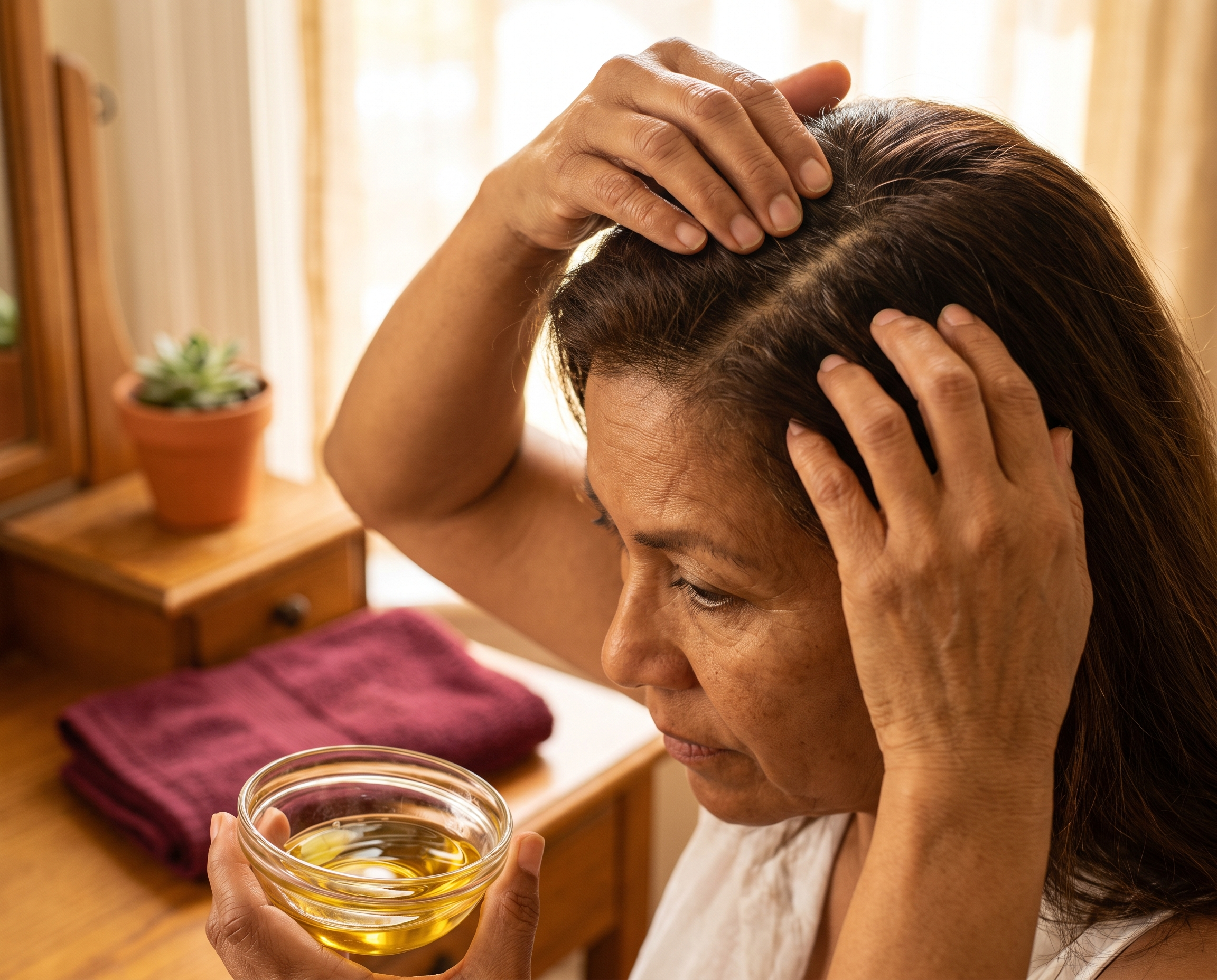 Close-up of a woman's hands applying golden jojoba oil to sectioned dark brown hair