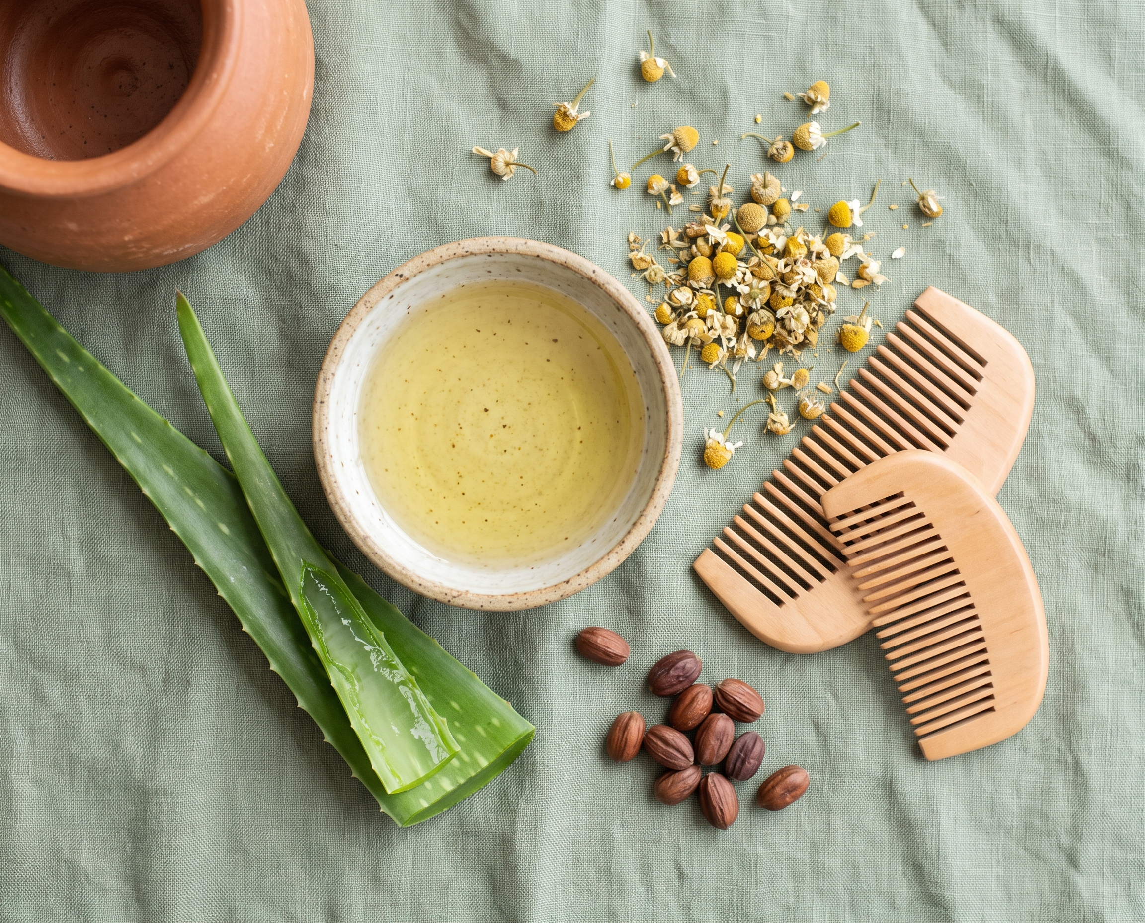 Overhead flat lay of seasonal scalp care ingredients including aloe vera, chamomile, jojoba seeds and a wooden comb on sage-green linen