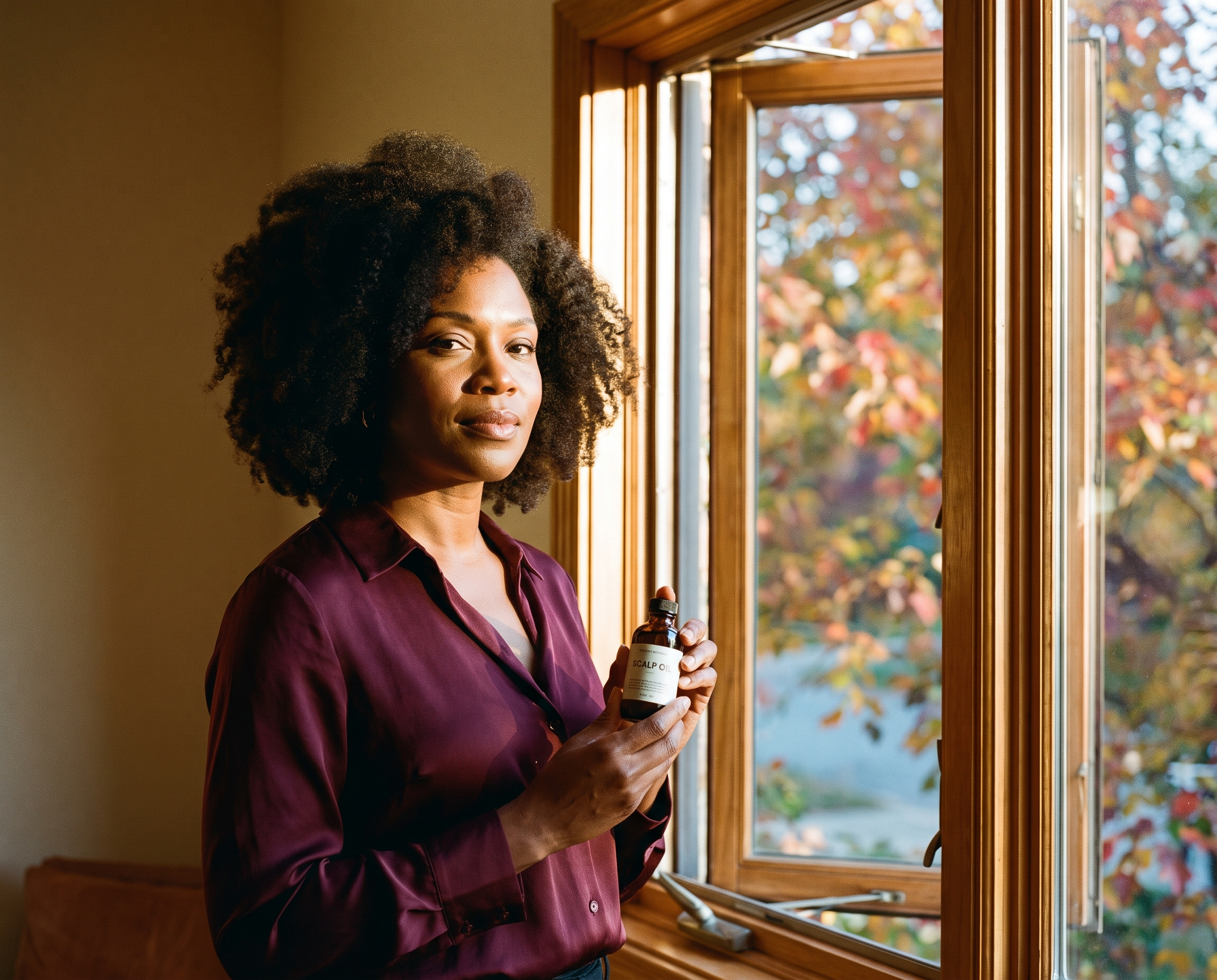 Black woman in her 40s with natural coily hair holding an amber glass bottle of scalp oil near a window with autumn leaves