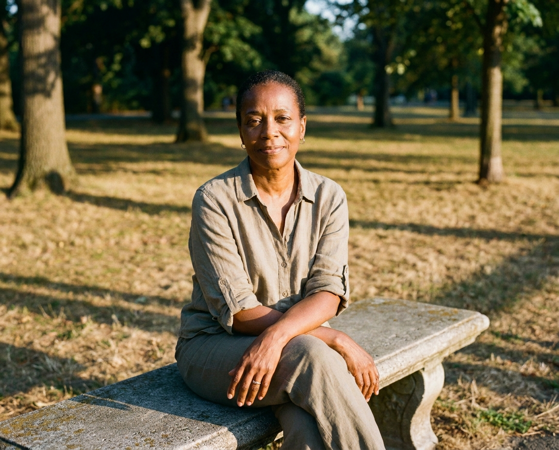Black woman in her mid-50s seated outdoors on a stone bench in warm afternoon light, relaxed and confident expression