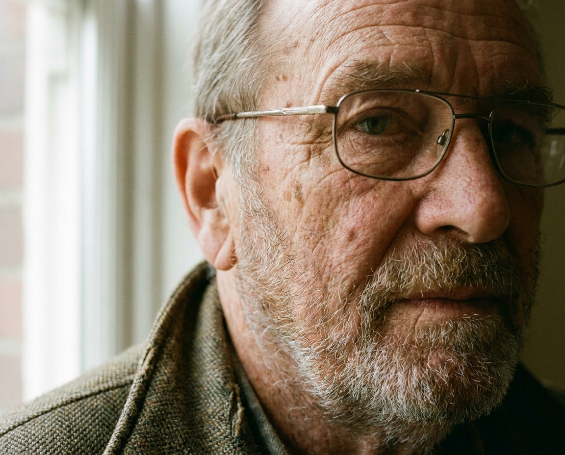 Close-up portrait of a Caucasian man in his 70s showing natural skin texture and scattered flat brown marks across his cheek and temple in diffuse window light