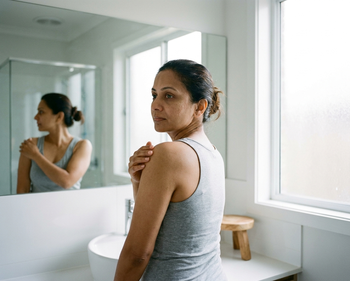 South Asian woman in her early 40s examining her bare shoulder in a bathroom mirror in natural window light