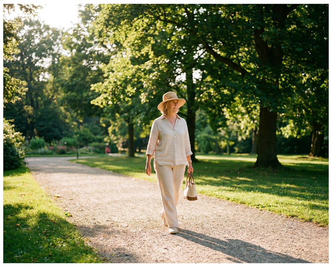 Caucasian woman in her 50s walking outdoors in bright sunlight wearing a wide-brimmed straw hat and linen top in a green park setting