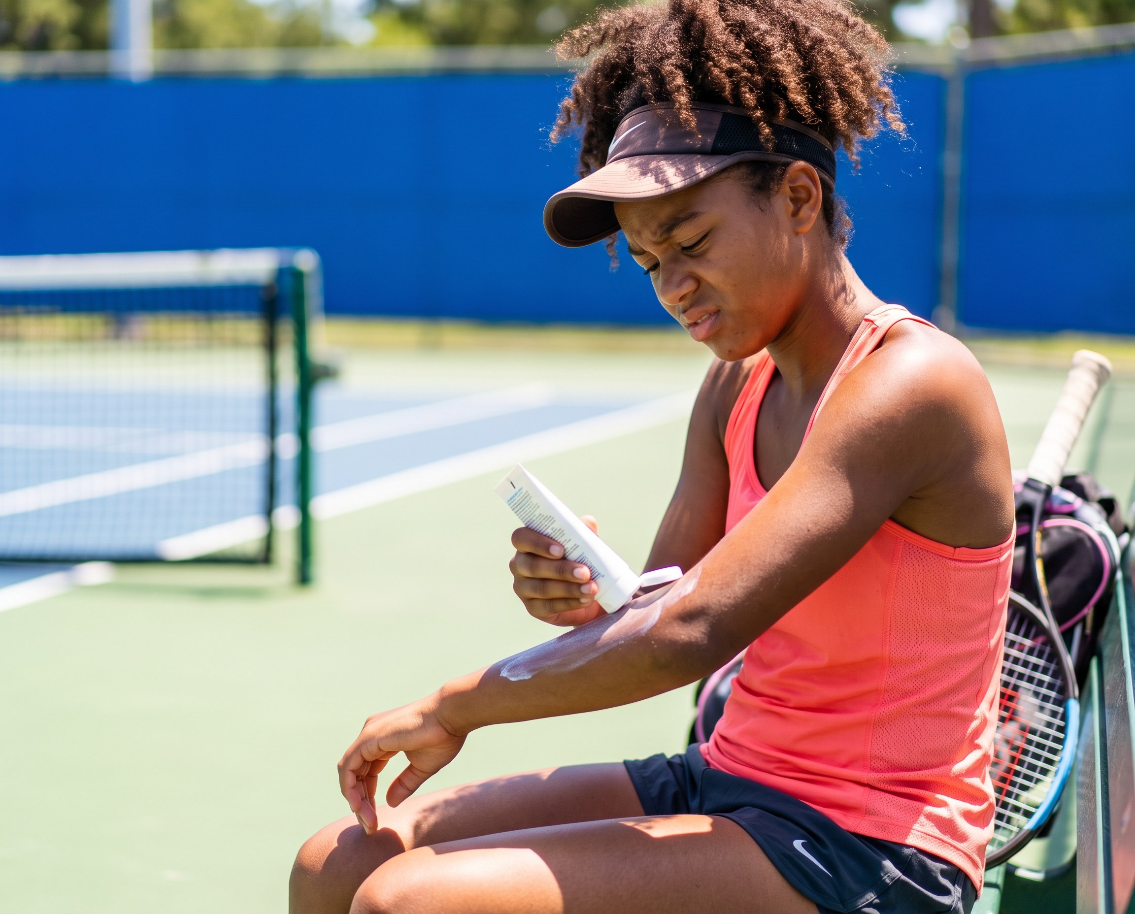 Black teenage girl in coral athletic top applying sunscreen to her arms courtside before a tennis match under a blue sky