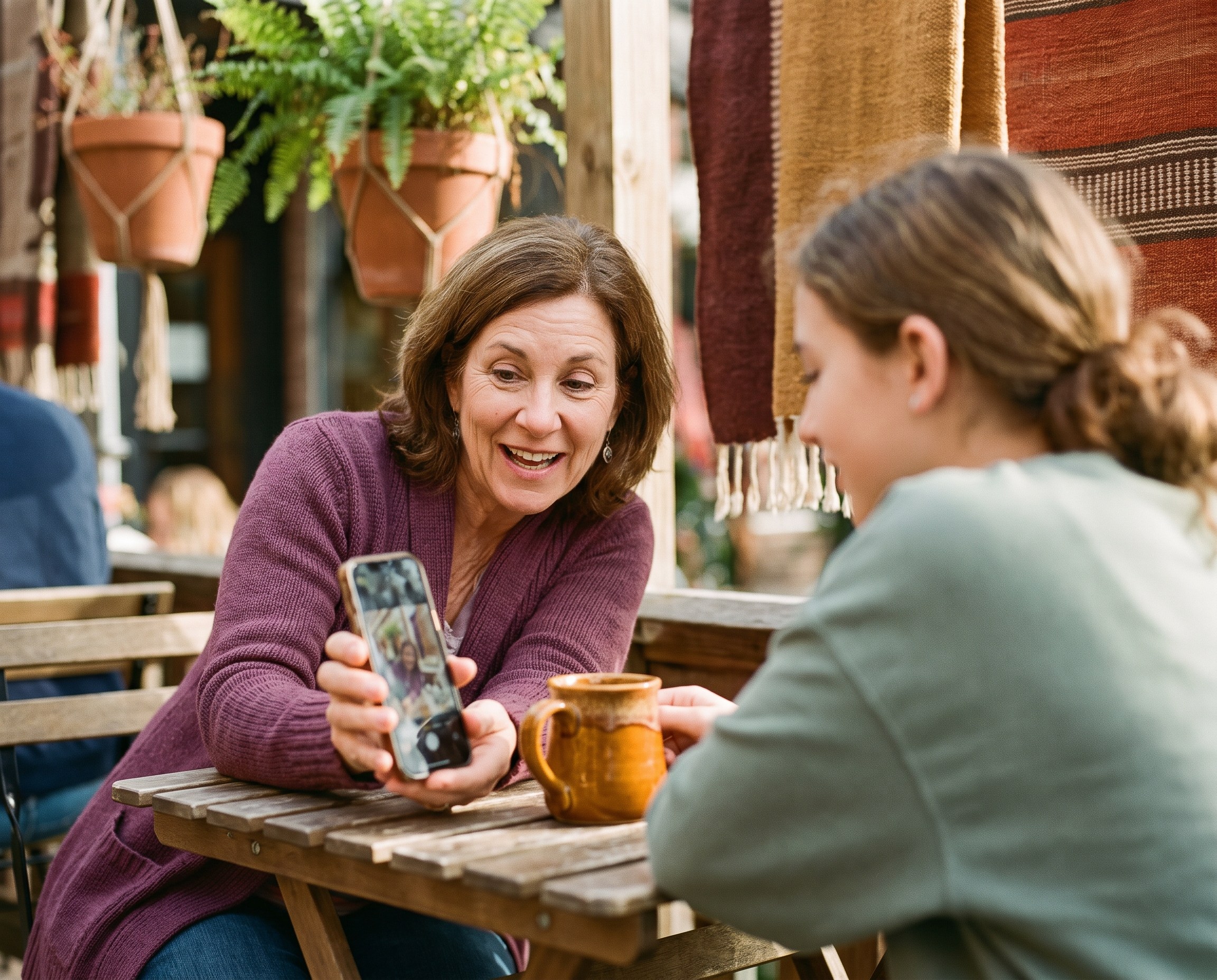 Woman in her early 60s in a plum cardigan showing her phone to her teenage granddaughter at a sunlit outdoor cafe table surrounded by hanging plants