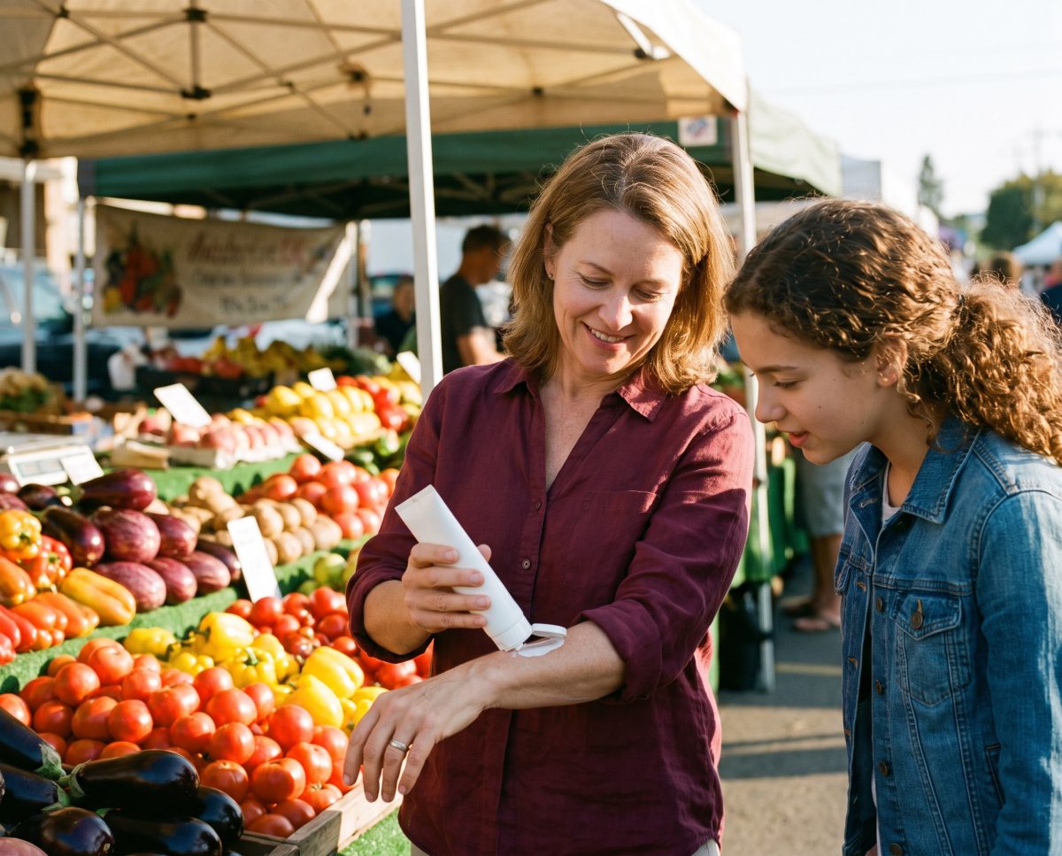 Woman applies sunscreen beside produce at an outdoor market.