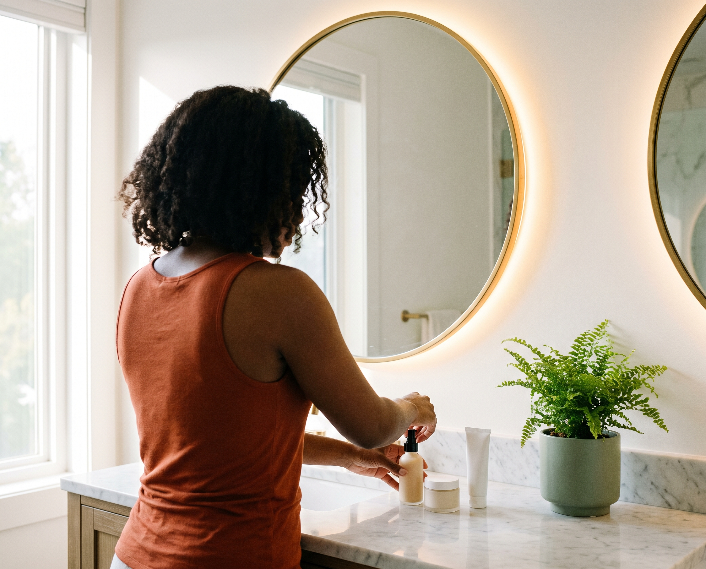 Black woman in her 30s arranging skincare products on a marble bathroom vanity