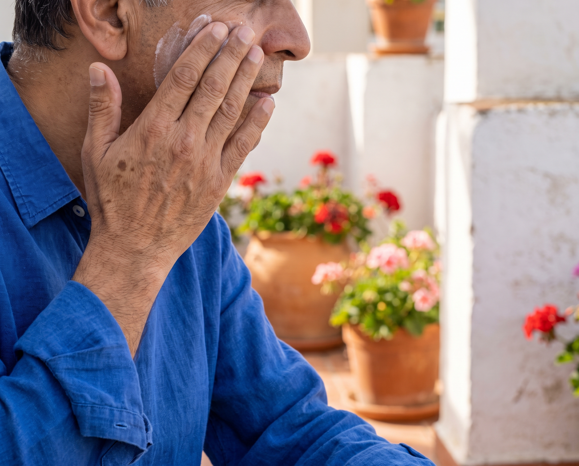 South Asian man in his 50s applying sunscreen on a sunny terrace with terracotta pots