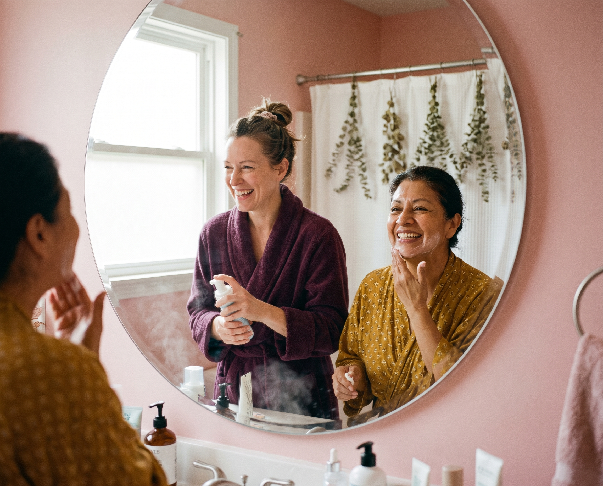 Two women sharing a bathroom mirror during their morning skincare routines, wearing colorful robes